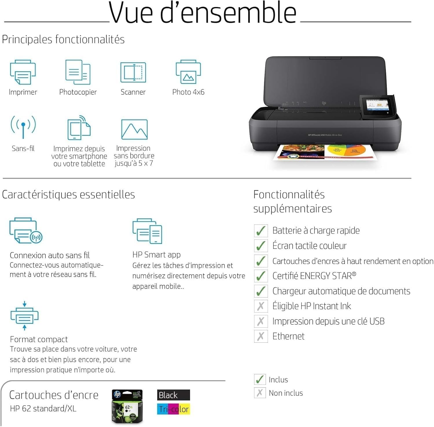 HP Officejet 250 Mobile All-in-One MFP colour inkjet A4 8ppm Copy 10ppm Print 50sheets USB Wi-Fi