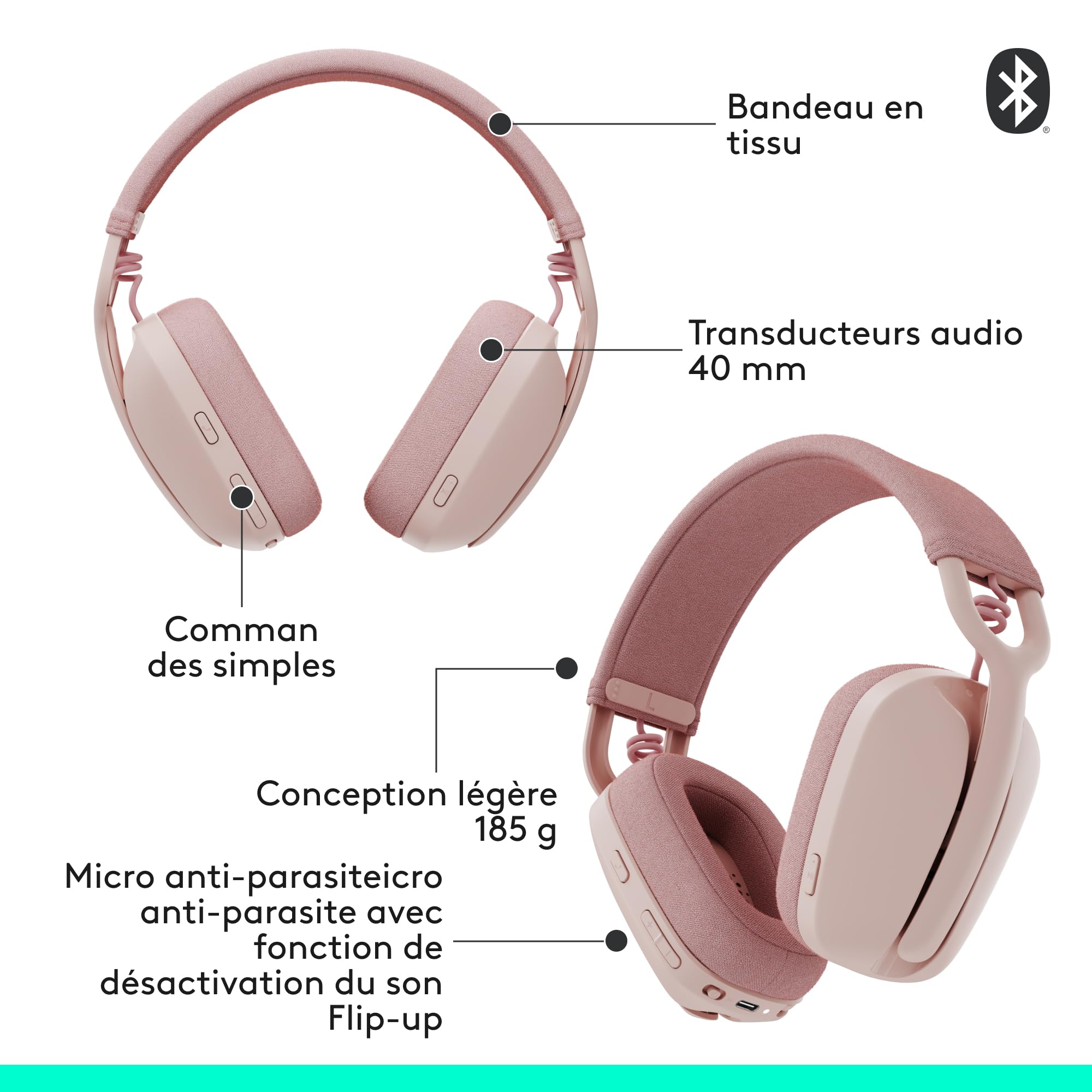 LOGITECH Zone Vibe 100 Headset full size Bluetooth wireless rose