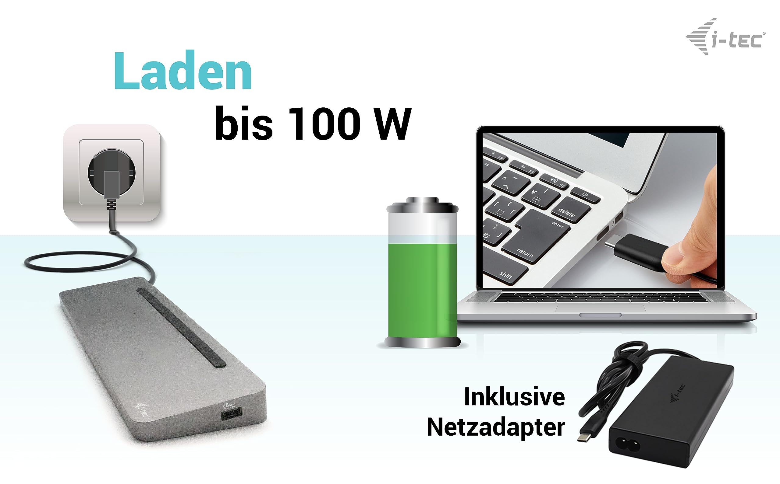 I-TEC USB-C Metal Ergonomic 4K 3x Display Docking Station with PD 100 W + i-tec Universal Charger 100W bundle