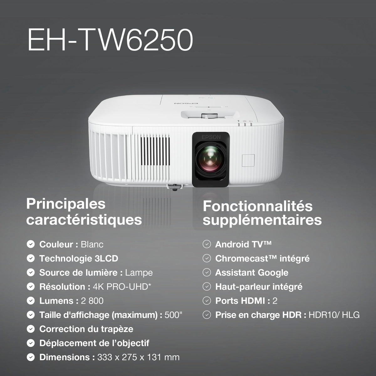 EPSON EH-TW6250 Projecteur 4K PRO-UHD Home Cinema -16: 9-  2800 lumens - 35 000 :1- HDMI- LAN - HDR10- Android TV™ - Garantie 2 ans