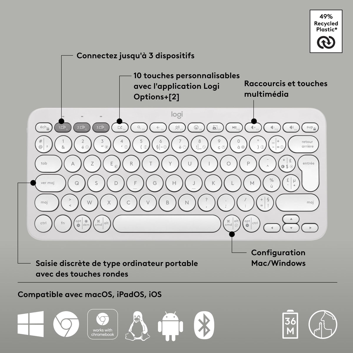 LOGITECH Pebble Keys 2 K380s - TONAL WHITE - (FRA) - BT - N/A - CENTRAL-419 - UNIVERSAL