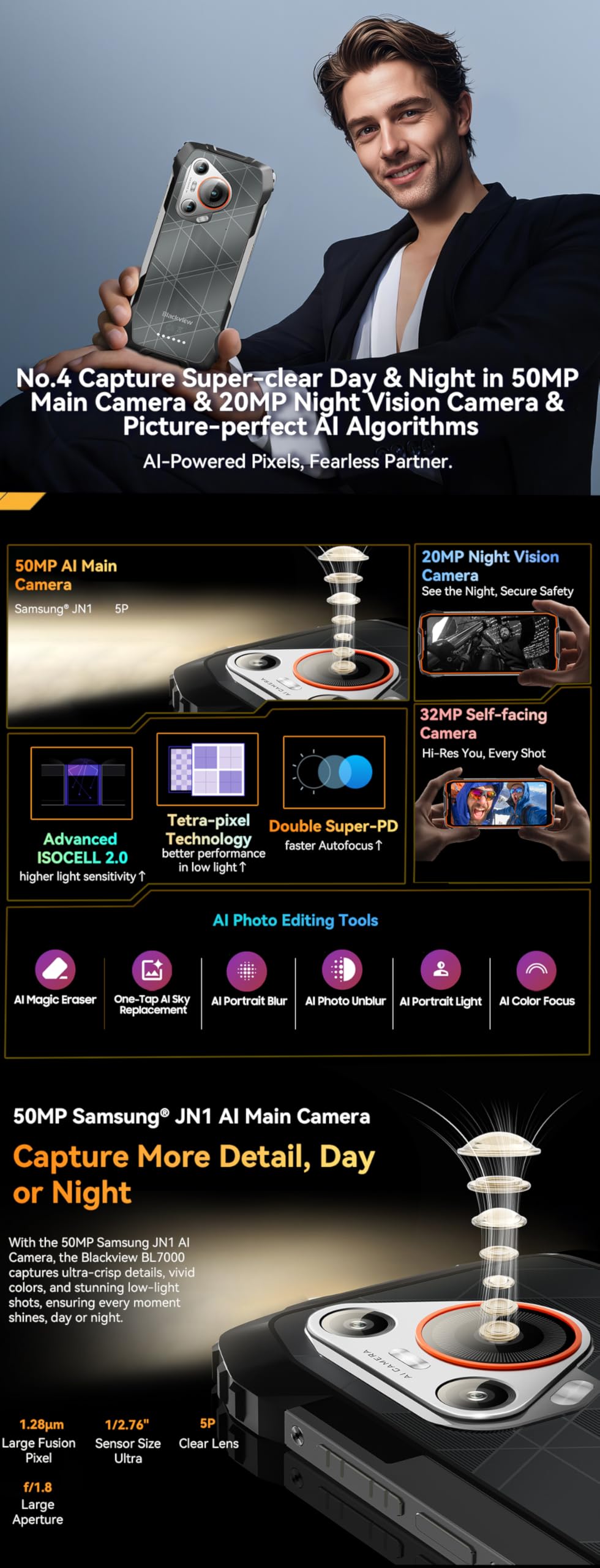 Blackview BL7000 (Doke IA - 5G - Ã‰cran 6.78'' - 256 Go, 8 Go RAM) Orange