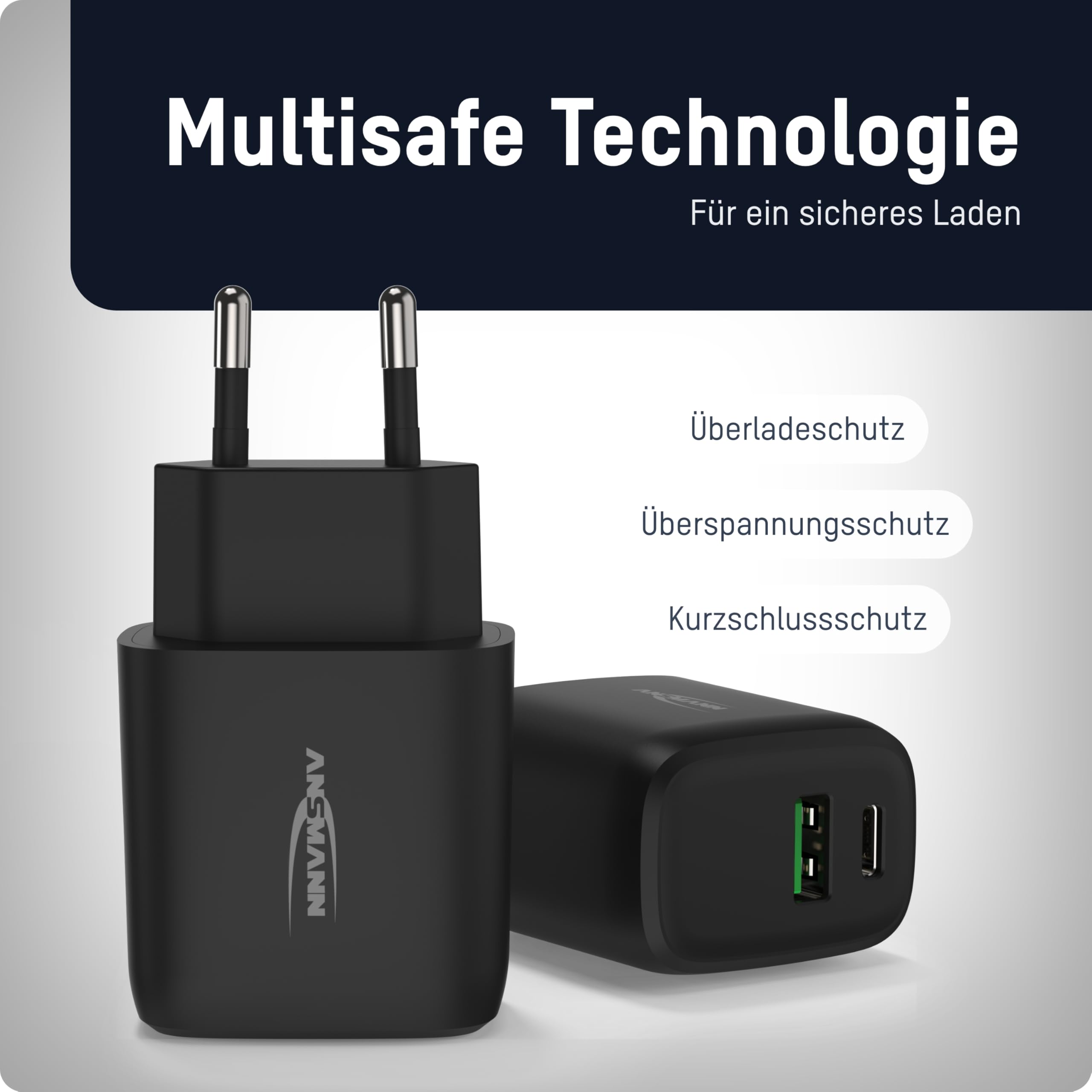 CHARGEUR SECTEUR 1 PORT USB Type-A QC + 1 PORT USB Type-C PD NOIR
