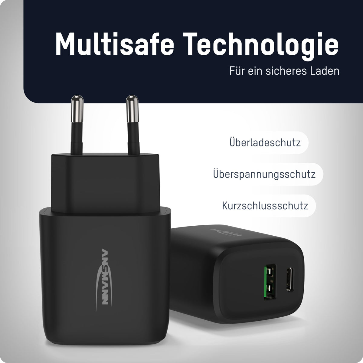 CHARGEUR SECTEUR 1 PORT USB Type-A QC + 1 PORT USB Type-C PD NOIR