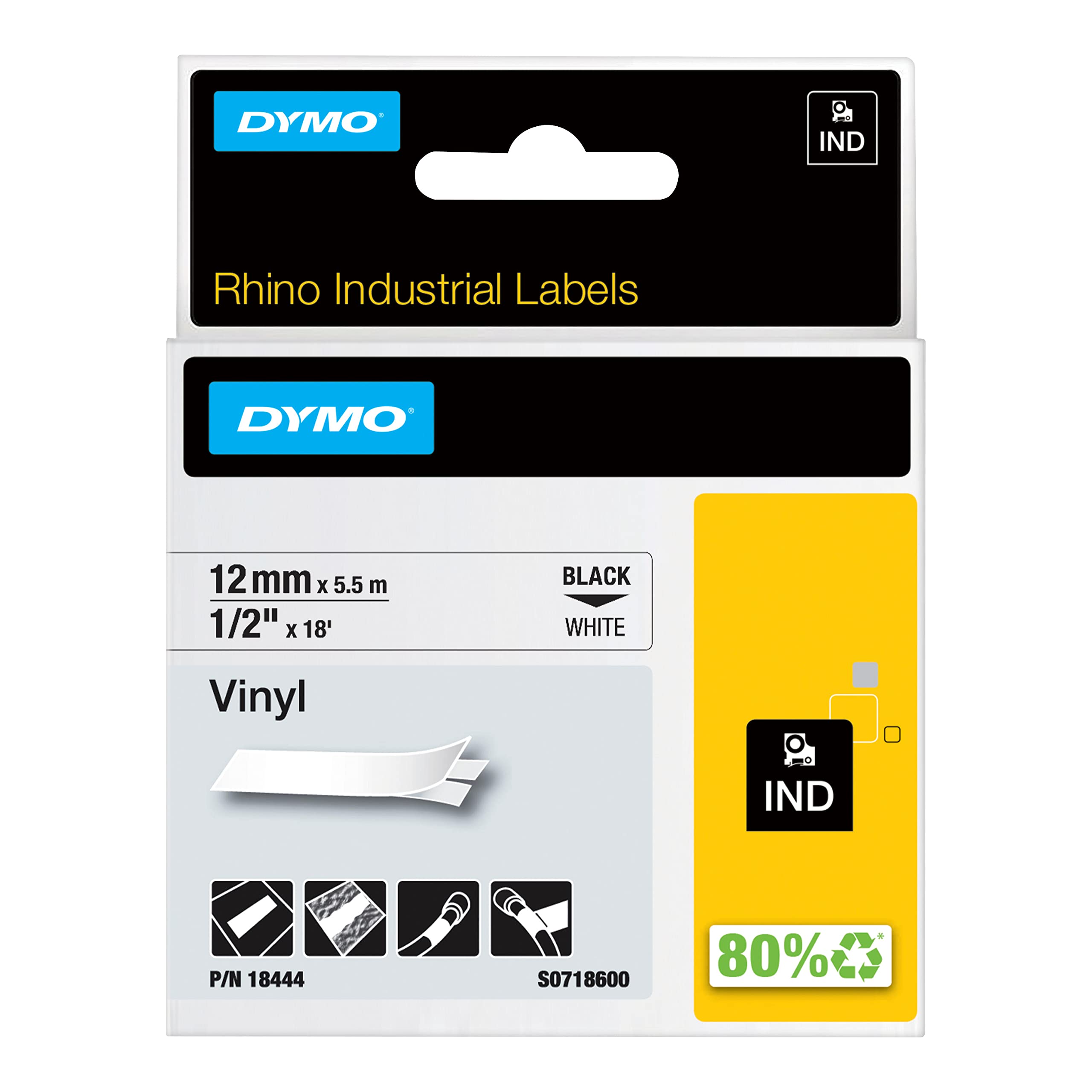 DYMO Rhino Etiquette industrielle Vinyle 12 mm x 5,5 m noir sur blanc