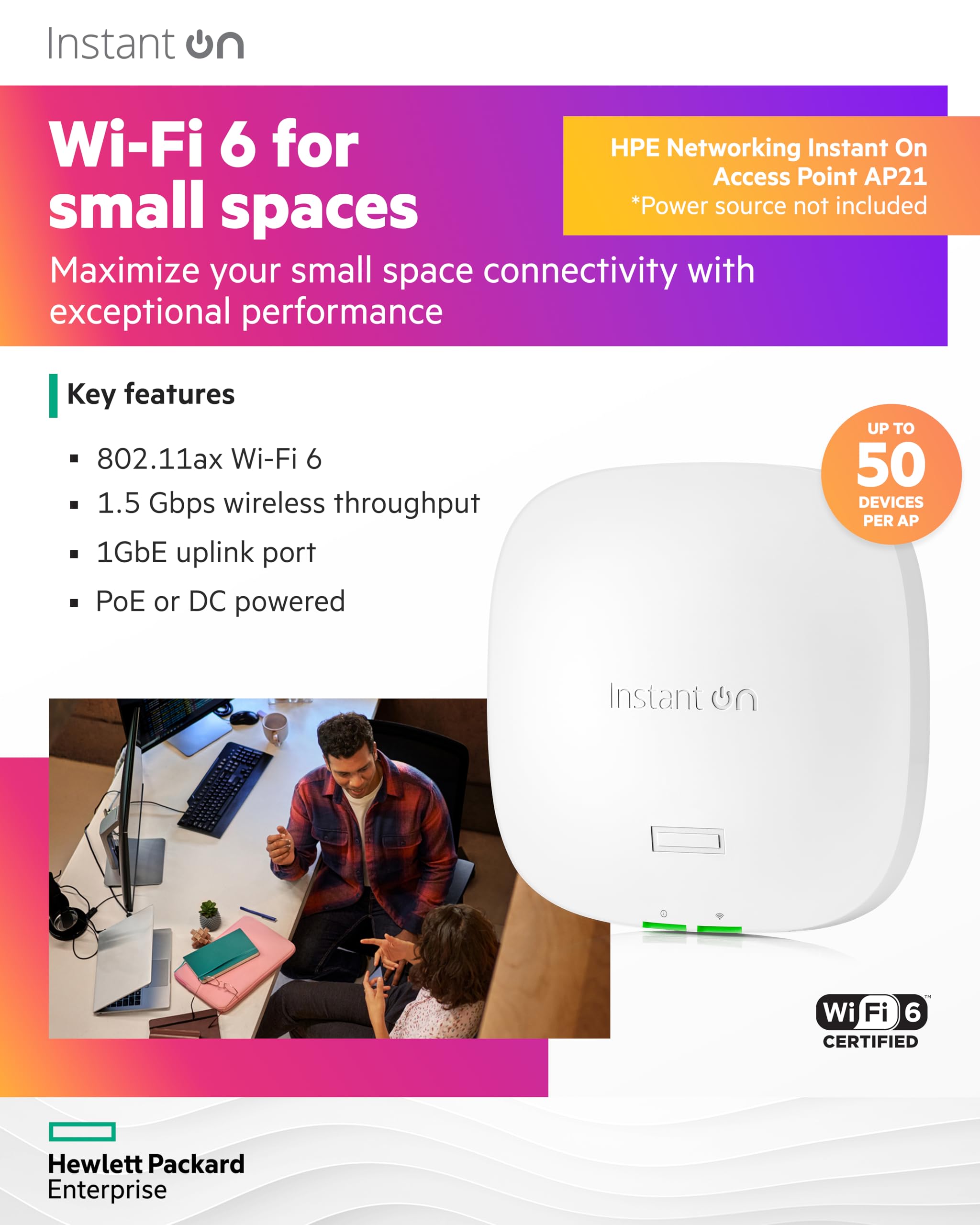 HPE Networking Instant On AP21 (RW) Borne daccès sans fil Wi Fi 6 2.4 GHz 5 GHz BTO montable au plafond/mur