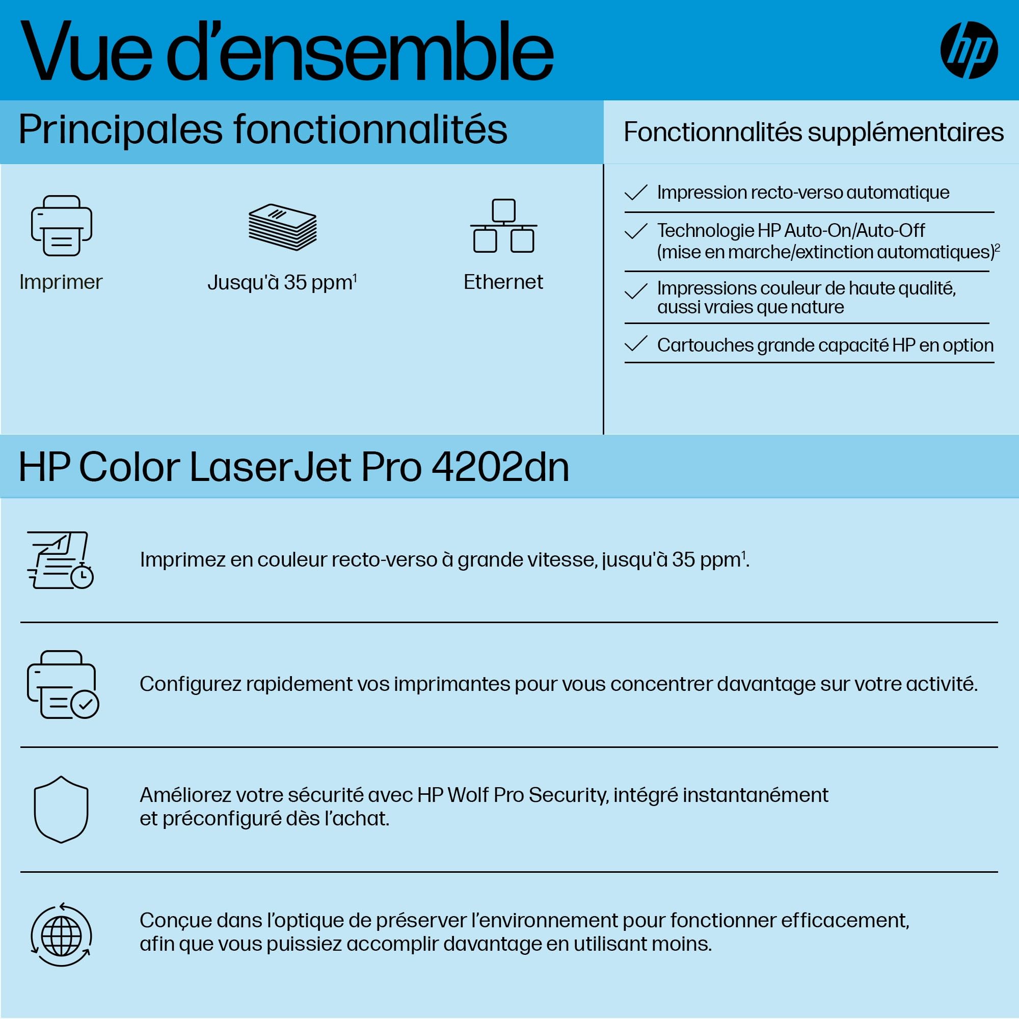 HP Color LaserJet Pro 4202dn Printer colour Duplex laser A4 600x600dpi 35ppm mono 33ppm colour 300sheets LAN USB