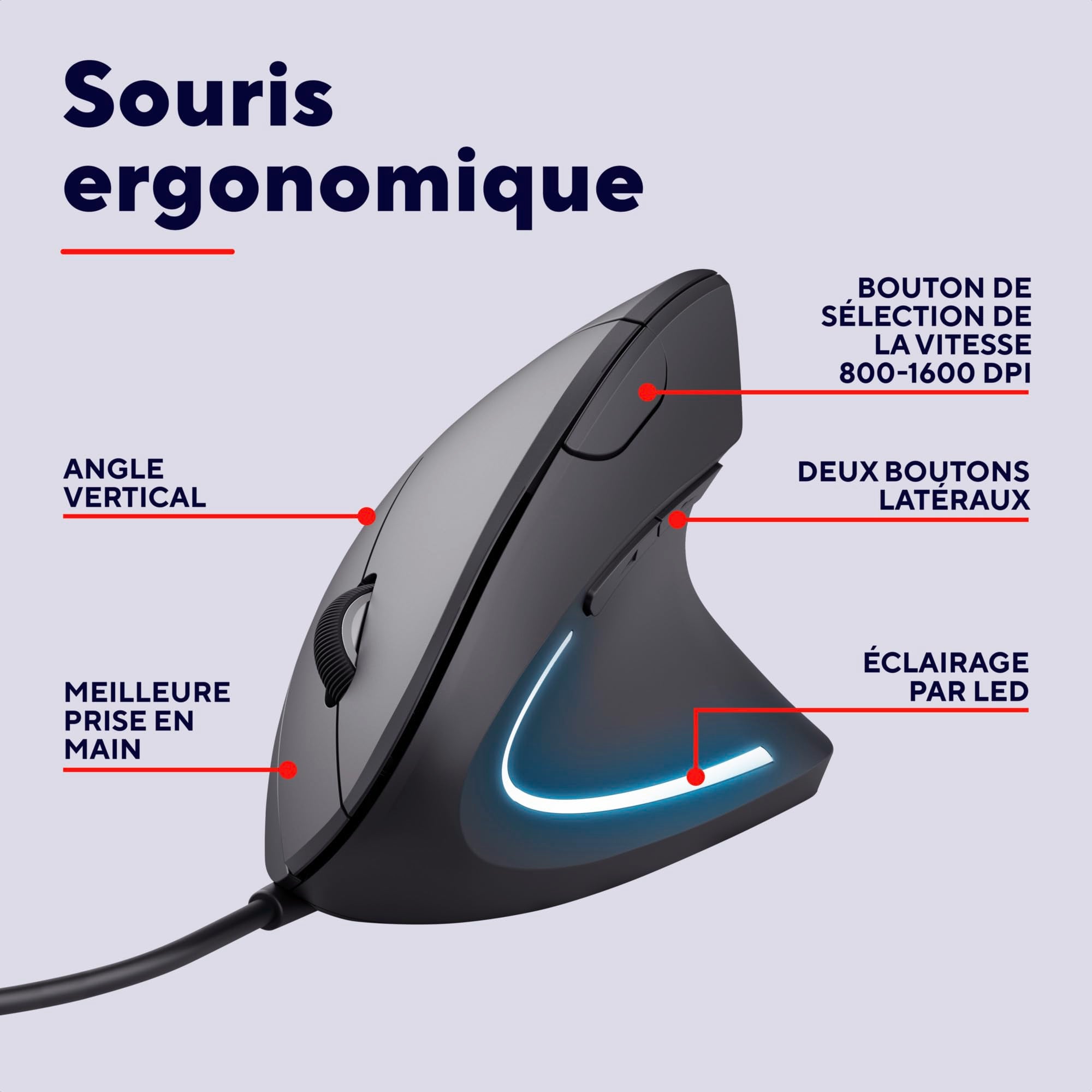TRUST Souris filaire ergonomique VERTO - Noire