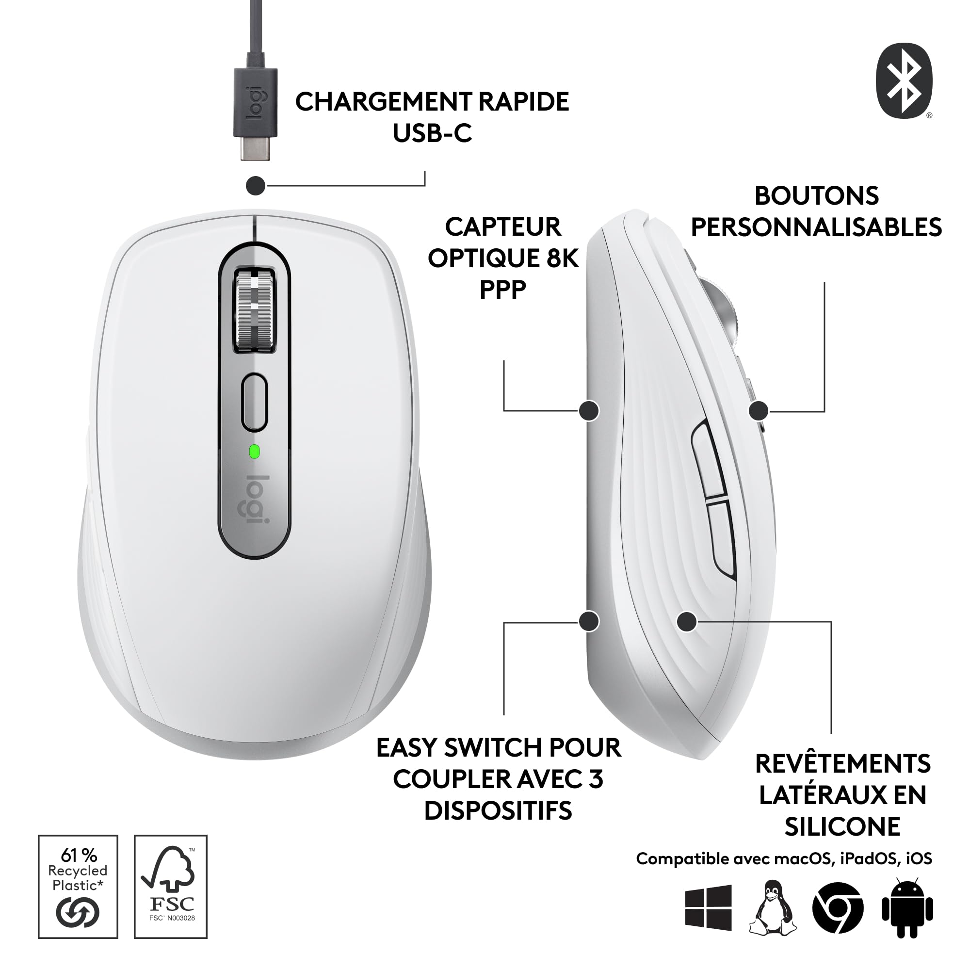 LOGITECH MX Anywhere 3S Mouse optical 6 buttons wireless Bluetooth pale grey