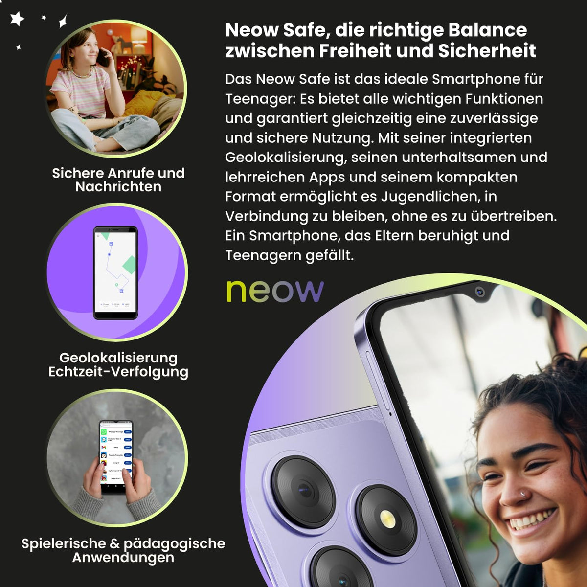 NEOW Safe (Smartphone pour adolescent - 6.6'' - 64 Go, 3 Go RAM) Bleu