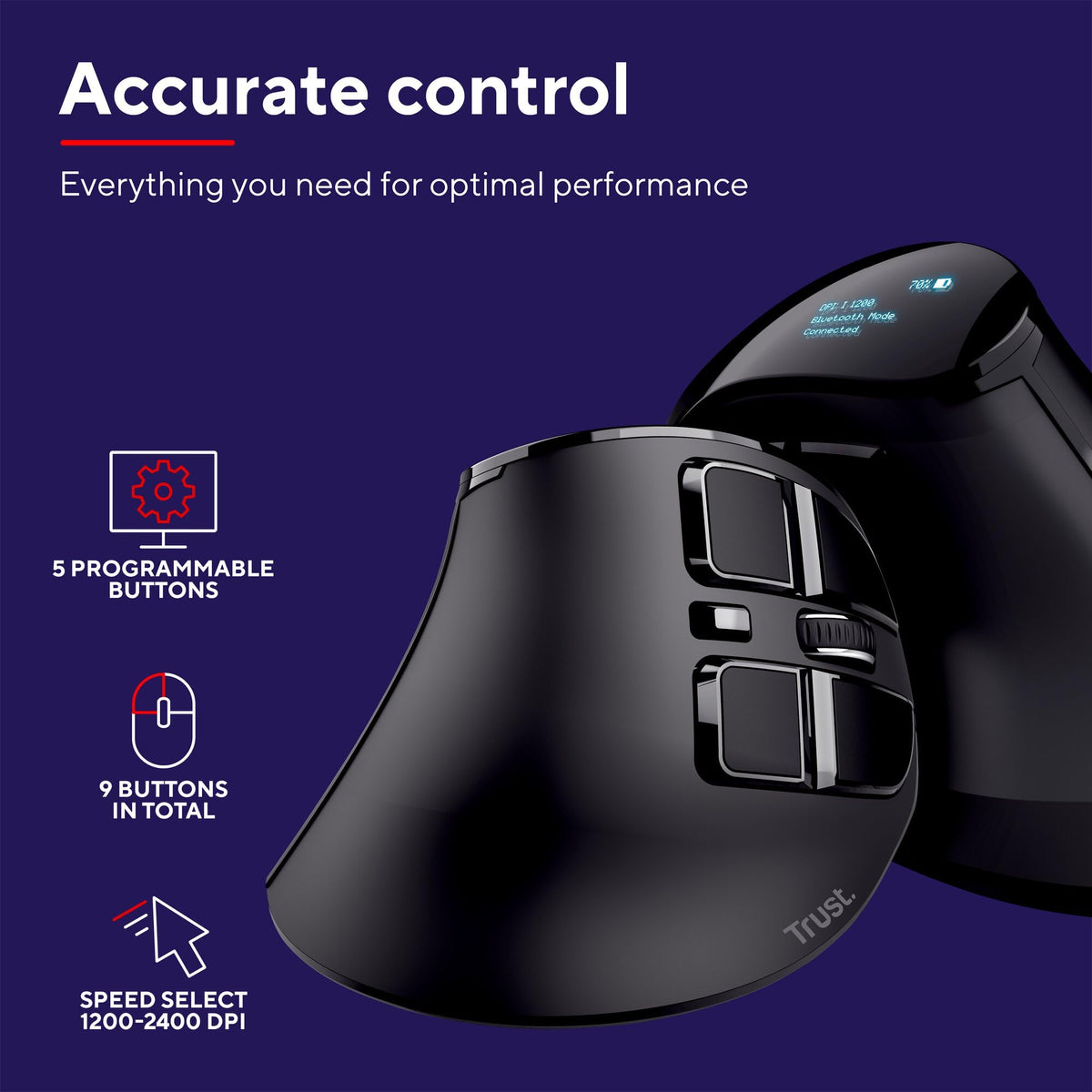 TRUST Souris sans fil ergonomique VOXX Rechargeable - Noire