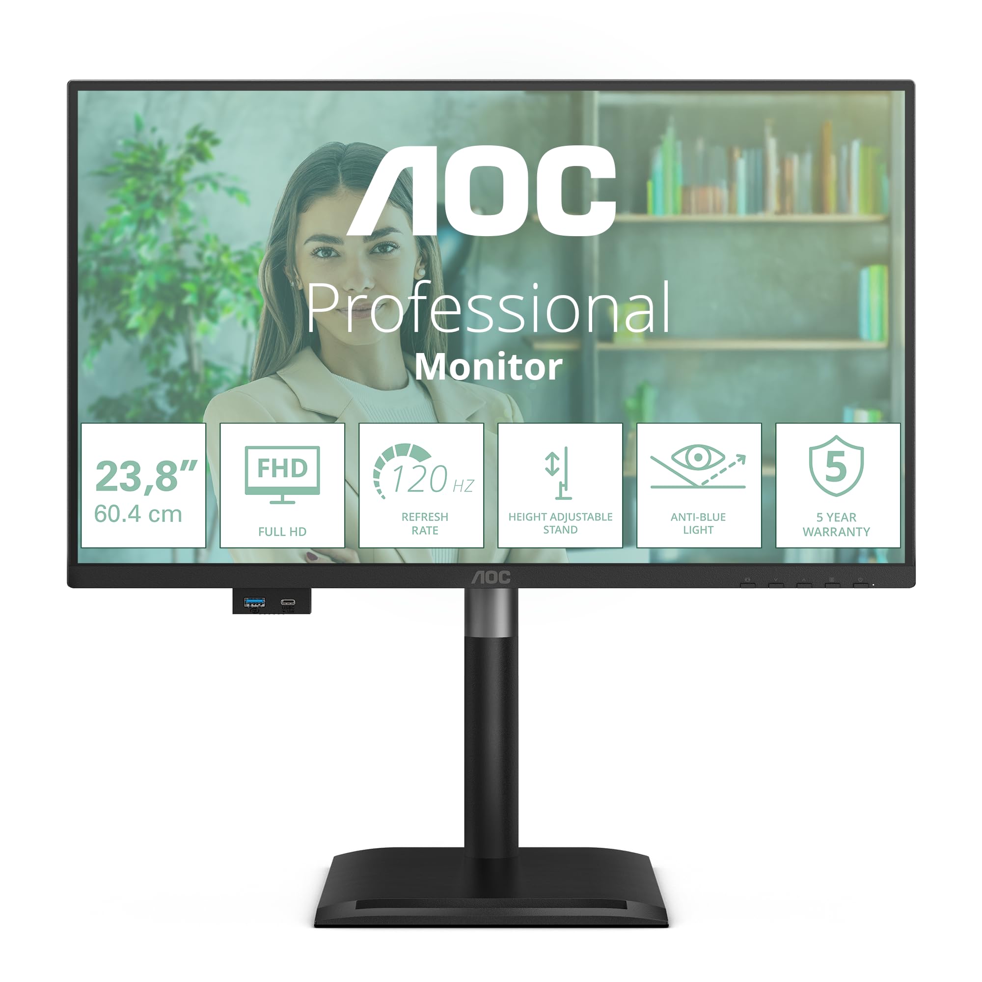 AOC 24P4CV 23.8p IPS FHD 120Hz 4ms HDMI DP USB C PD96W HUB USB Speakers HAS 150mm