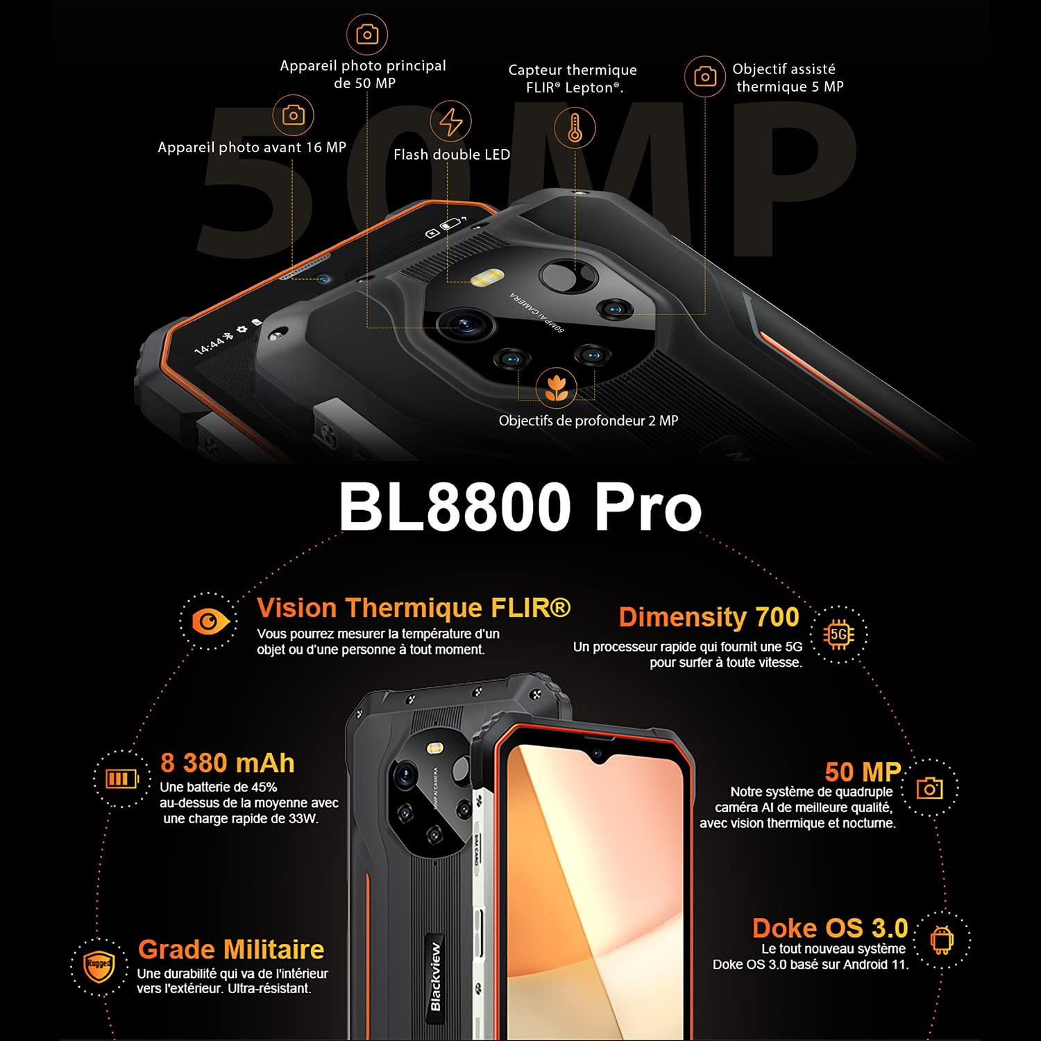 Blackview BL8800 Pro 5G (FLIR - Ecran de 6.58'' - 128 Go, 8 Go RAM) Noir