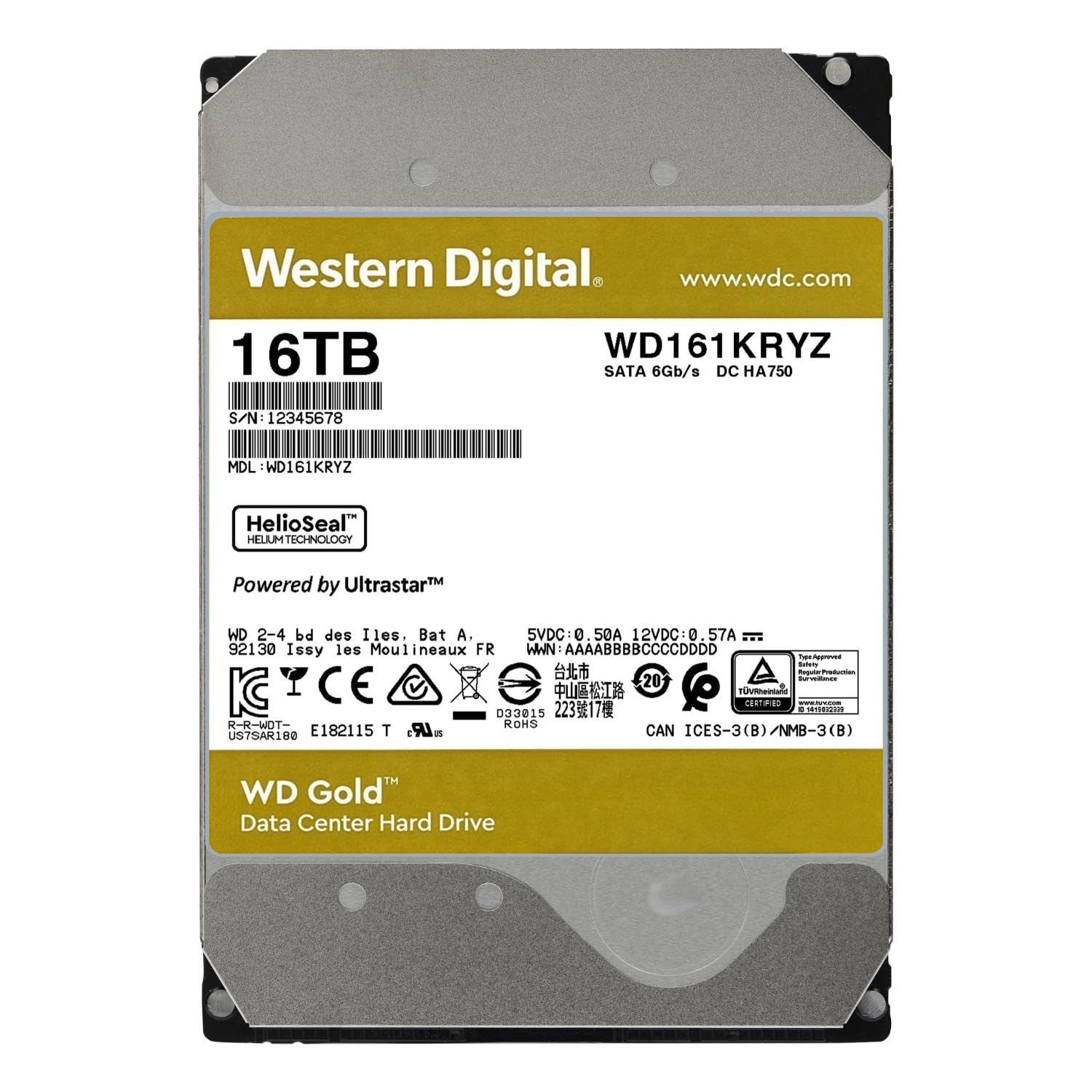 WD Gold 16To HDD 7200rpm 6Gb/s sATA 512Mo cache 3.5p intern RoHS compliant Enterprise Bulk