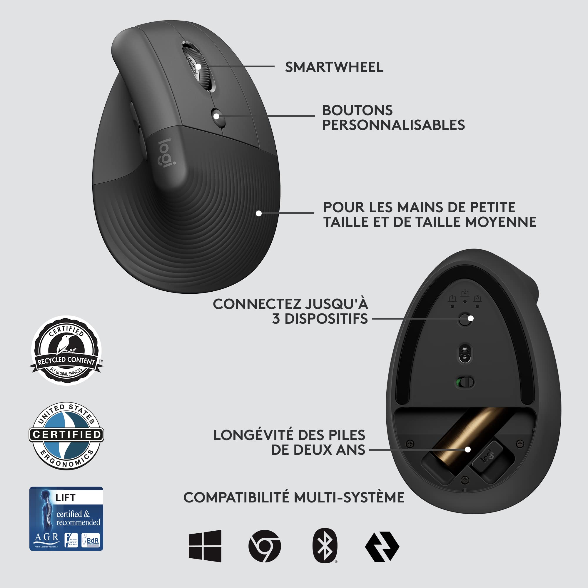 LOGITECH Lift for Business Vertical mouse ergonomic 6 buttons wireless Bluetooth 2.4 GHz Bolt USB receiver graphite