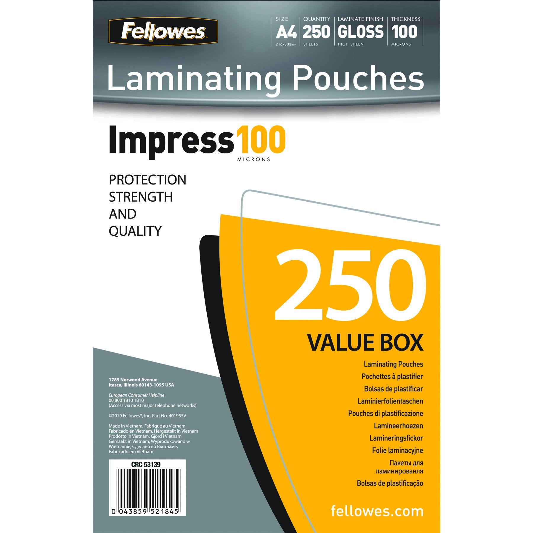 FELLOWES POCHETTES A PLASTIFIER 80MIC A4 250