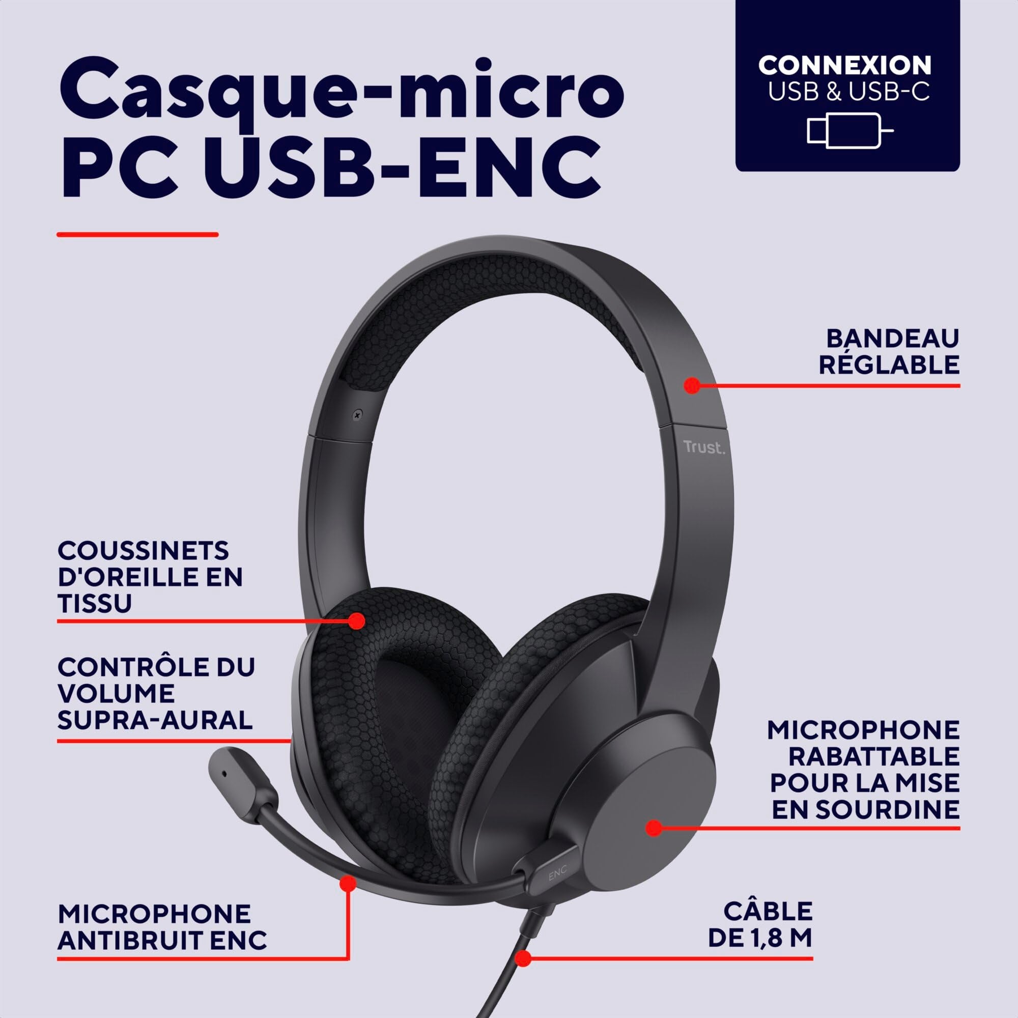 TRUST Casque-micro AYDA MAX ENC pour ordinateur USB