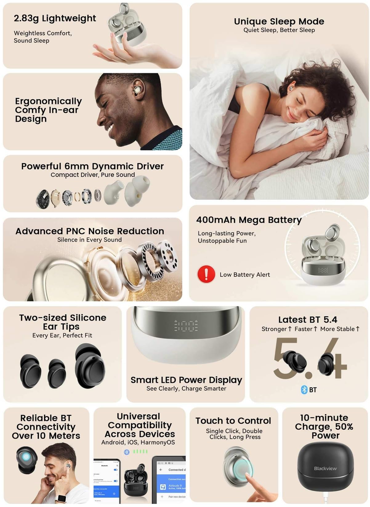 Blackview Airbuds 9 (Écran d'Affichage - Bluetooth 5.4) Blanc