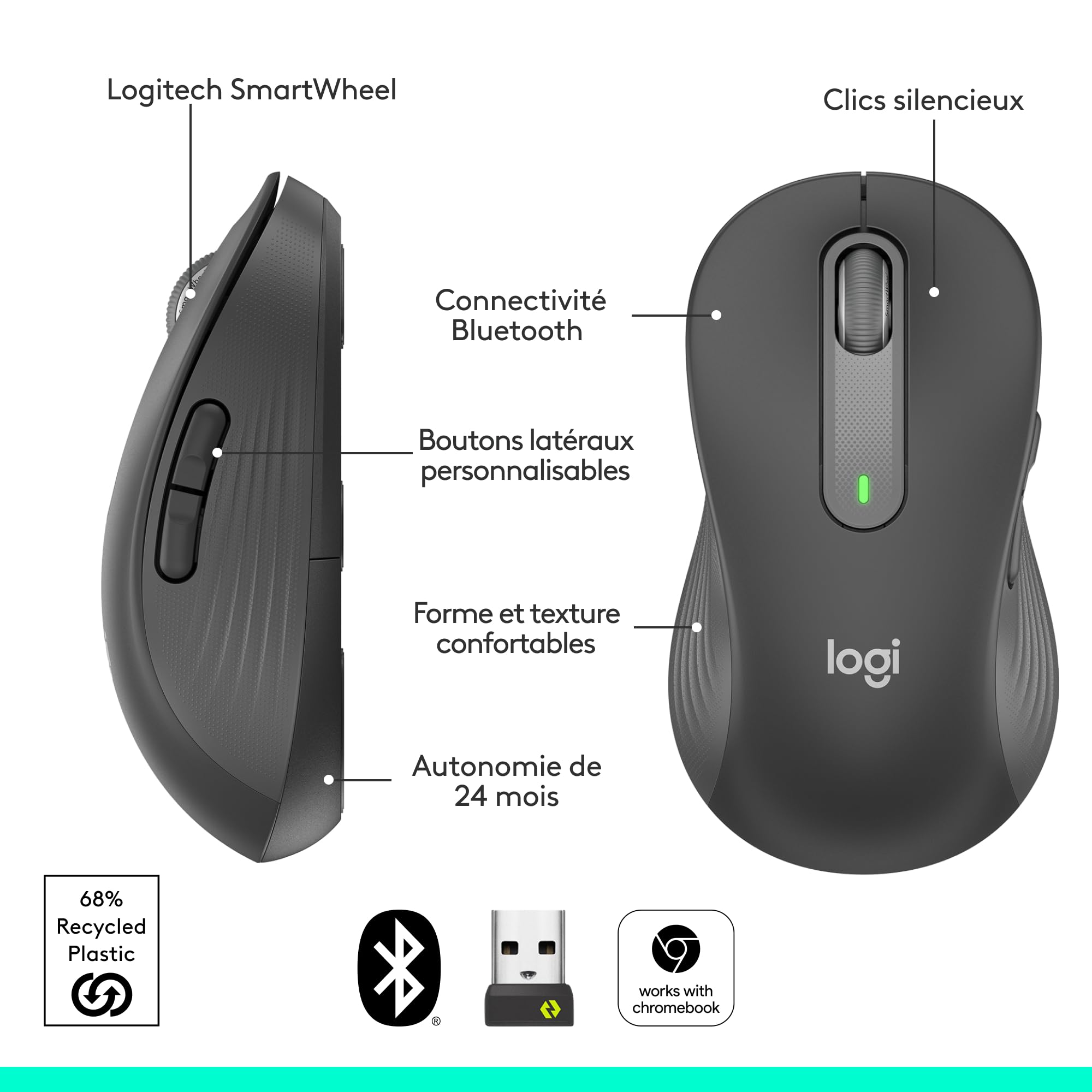 LOGITECH Signature M650 L LEFT Mouse large size left-handed optical 5 buttons wireless Bluetooth 2.4 GHz GRAPHITE