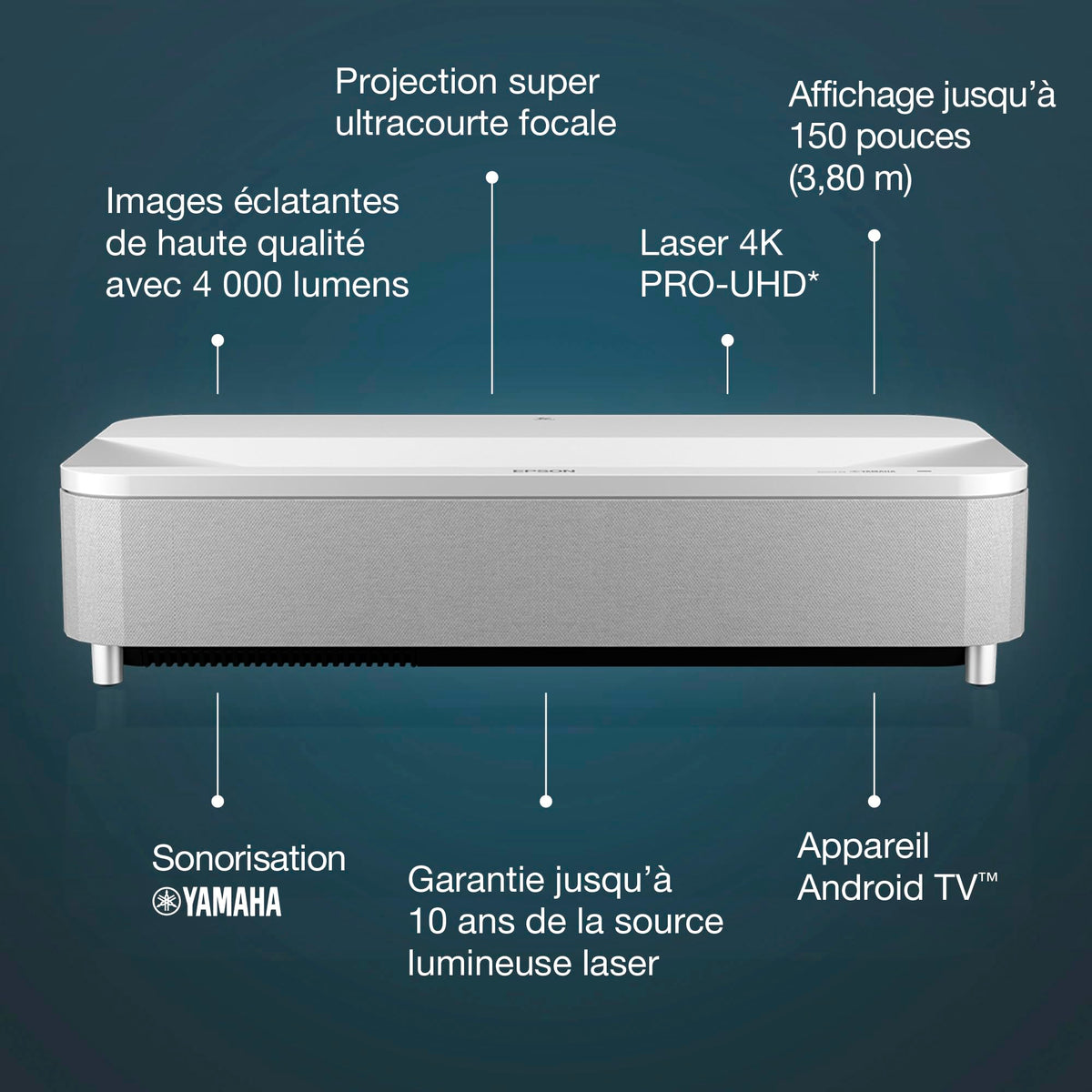 EPSON EH-LS800W Projecteur Laser UST-4K PRO-UHD Home Cinema- 16: 9- 4000 lumens-2 500.000: 1- 3x HDMI - Android TV™ Bluetooth- Blanc
