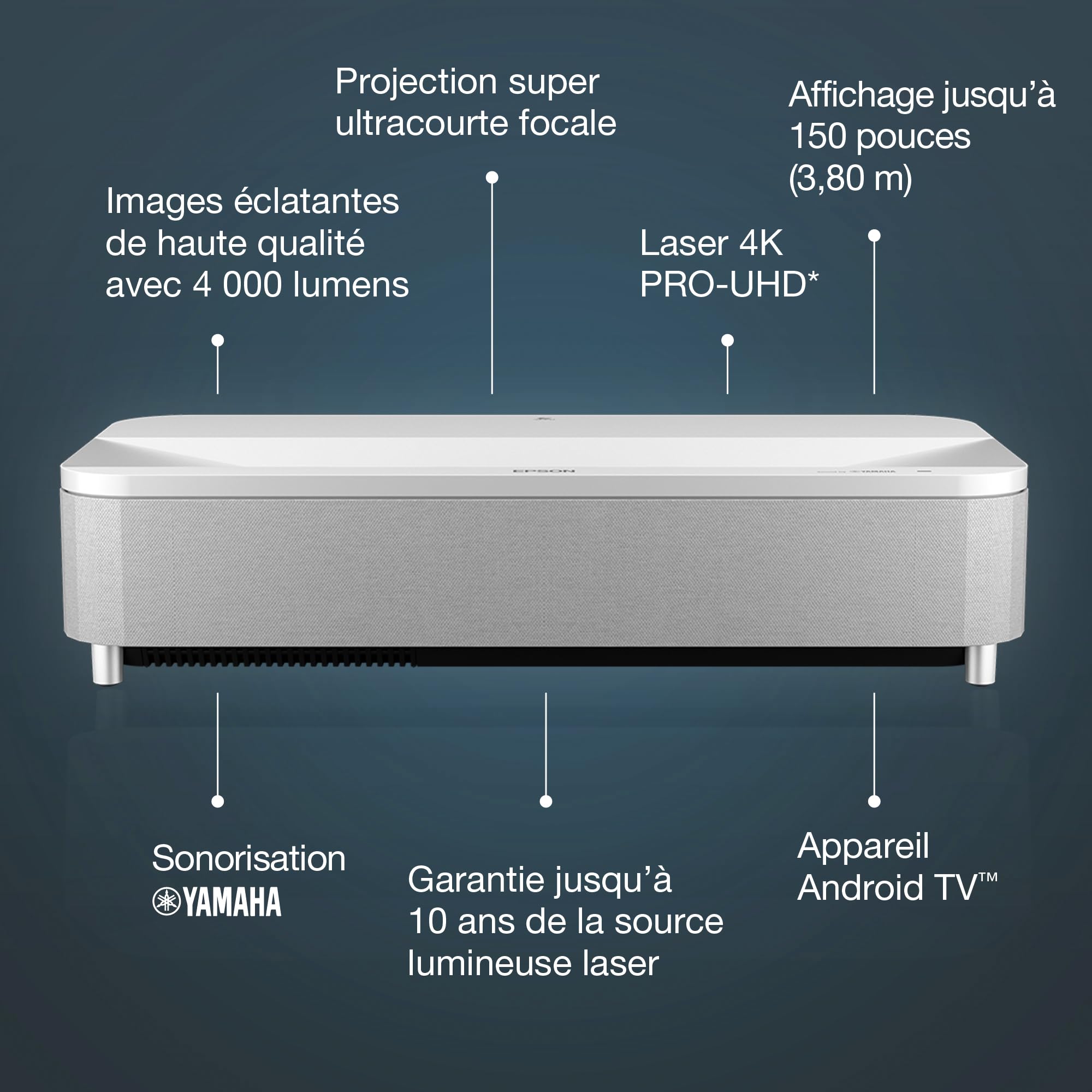 EPSON EH-LS800W Projecteur Laser UST-4K PRO-UHD Home Cinema- 16: 9- 4000 lumens-2 500.000: 1- 3x HDMI - Android TV™ Bluetooth- Blanc