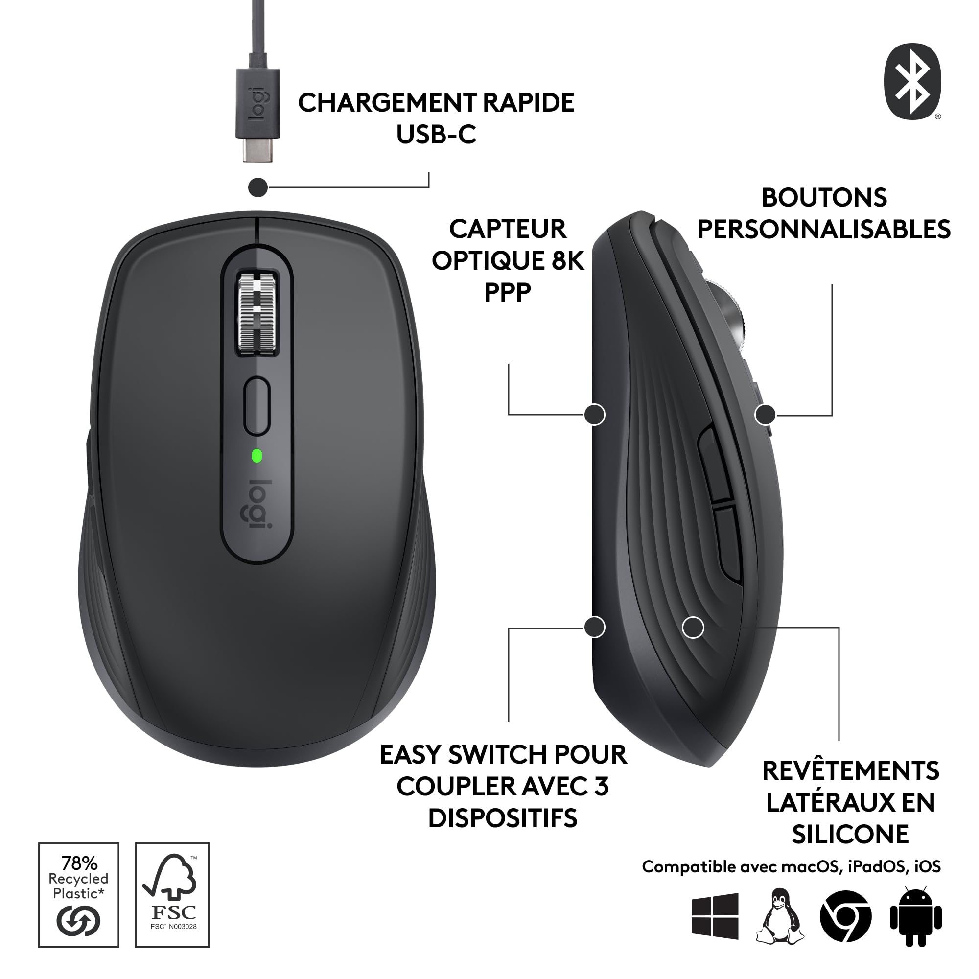 LOGITECH MX Anywhere 3S Mouse optical 6 buttons wireless Bluetooth graphite