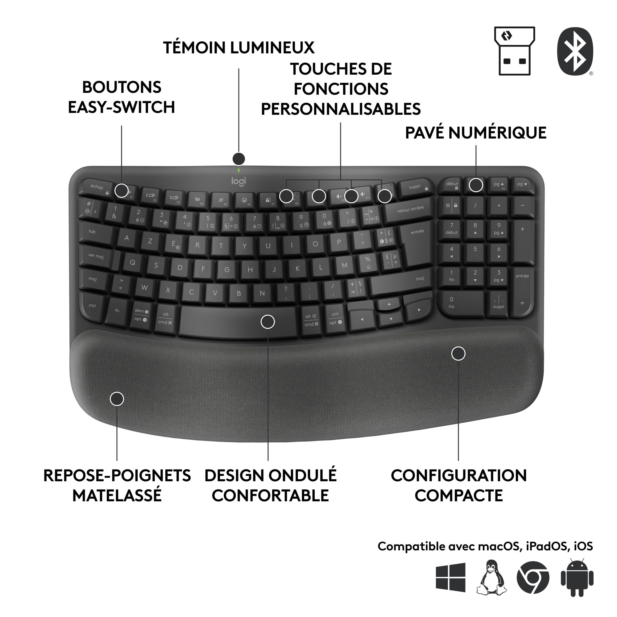 LOGITECH Wave Keys for Business - GRAPHITE - (FRA) - 2.4GHZ/BT - CENTRAL-419 - B2B