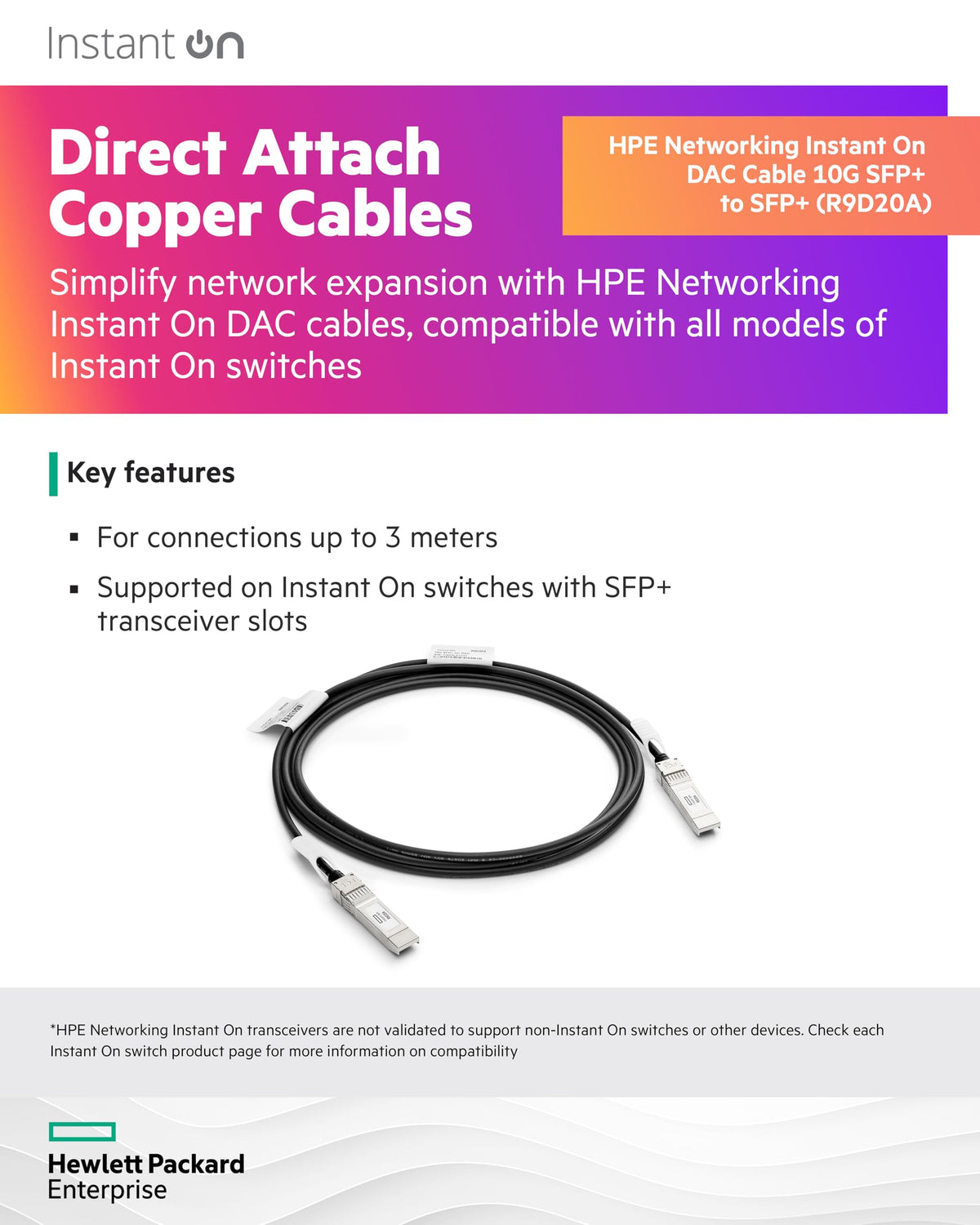HPE Networking Instant On Câble dattache directe 10GBase SFP+ pour SFP+ 3 m