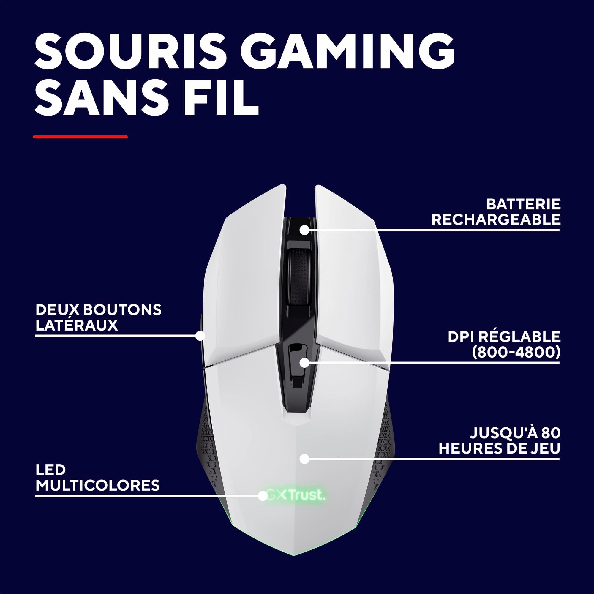 TRUST Souris gaming sans fil FELOX rétroéclairée - Blanche
