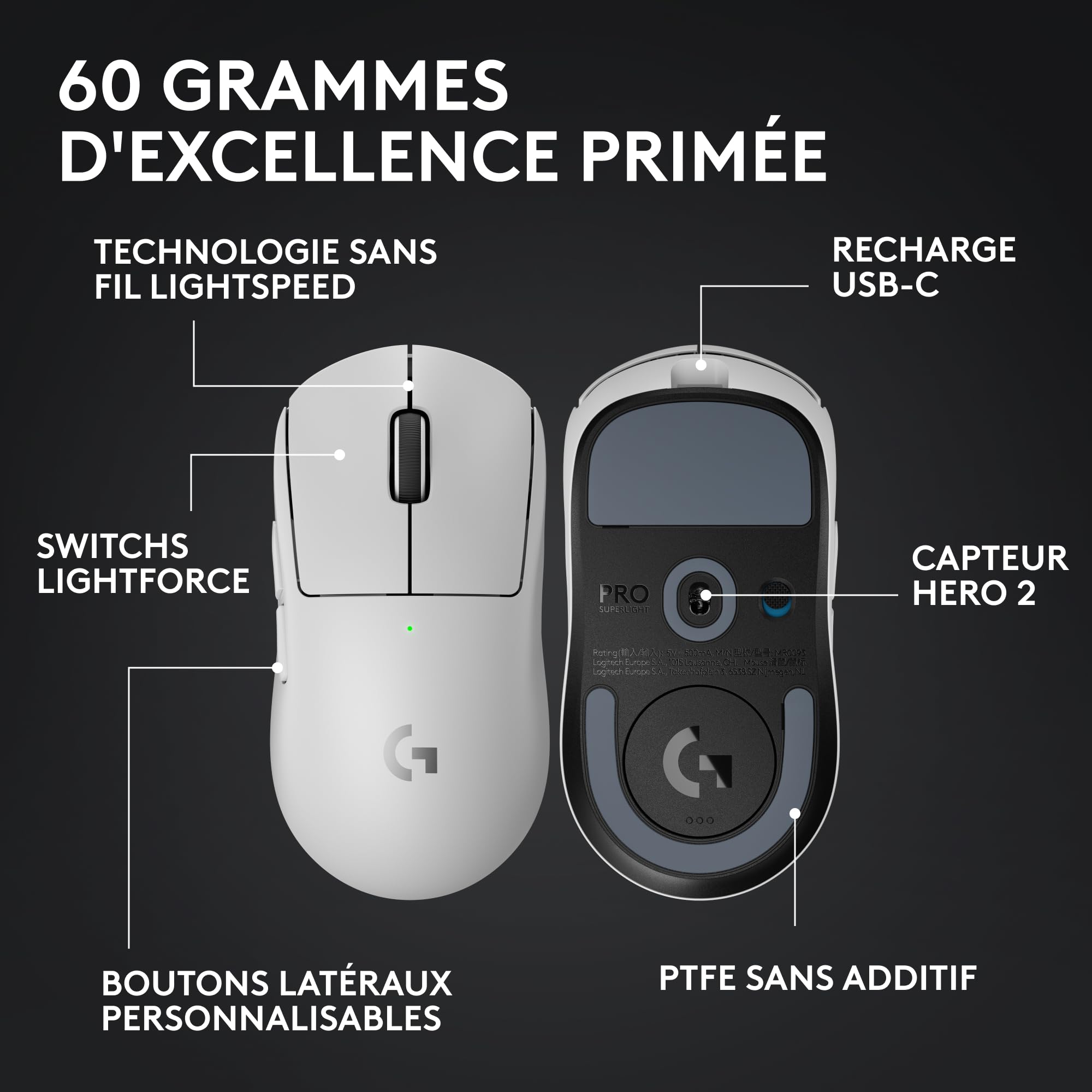 LOGITECH G PRO X SUPERLIGHT 2 Mouse optical 5 buttons wireless 2.4 GHz USB LOGITECH LIGHTSPEED receiver white
