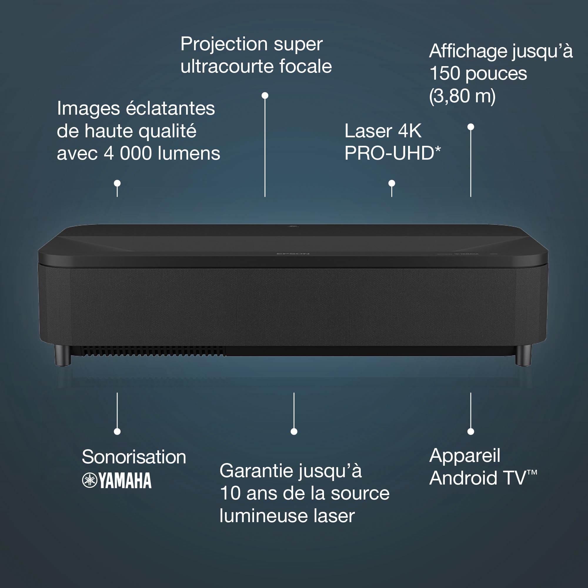 EPSON EH-LS800W Projecteur laser UST - 4K PRO-UHD Home Cinema- 16: 9- 4000 lumens-2 500.000: 1- 3x HDMI- Android TV™ Bluetooth- Noir
