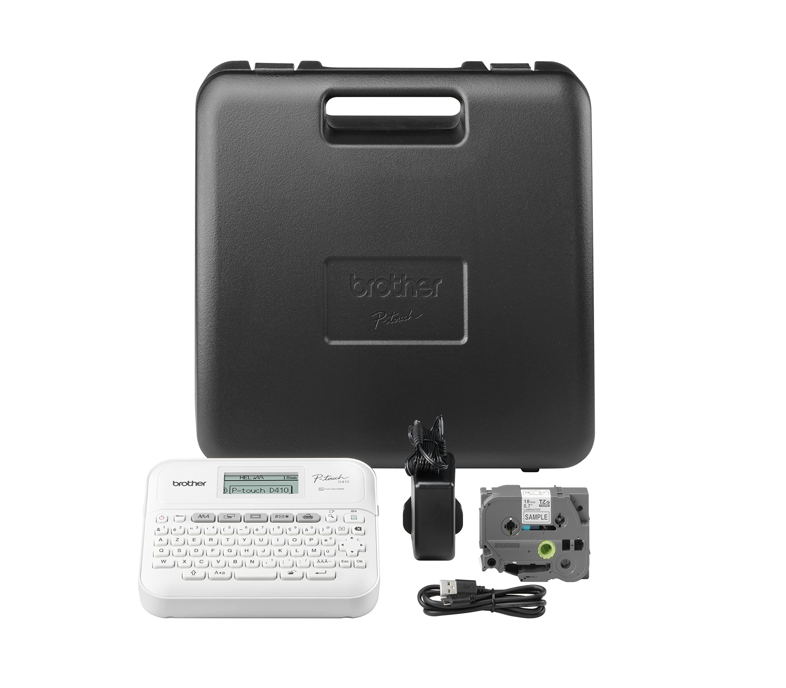 BROTHER Etiqueteuse bureautique professionnelle 18mm avec mallette de transport adaptateur secteur un ruban TZe 4m câble micro USB