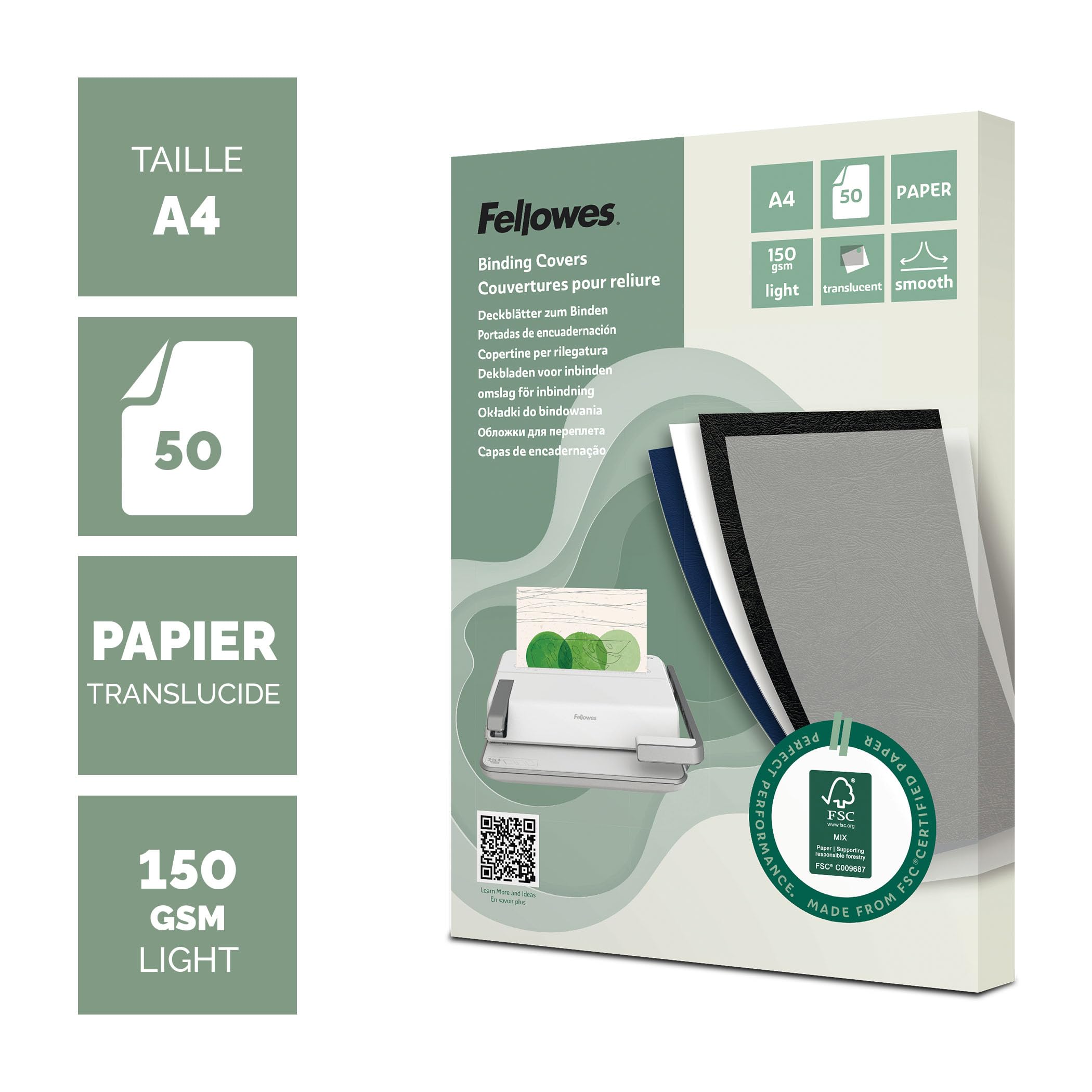FELLOWES Couvertures de reliure FSC Léger / A4 / 50 unités / Translucide PAQUET DE 50 feuilles