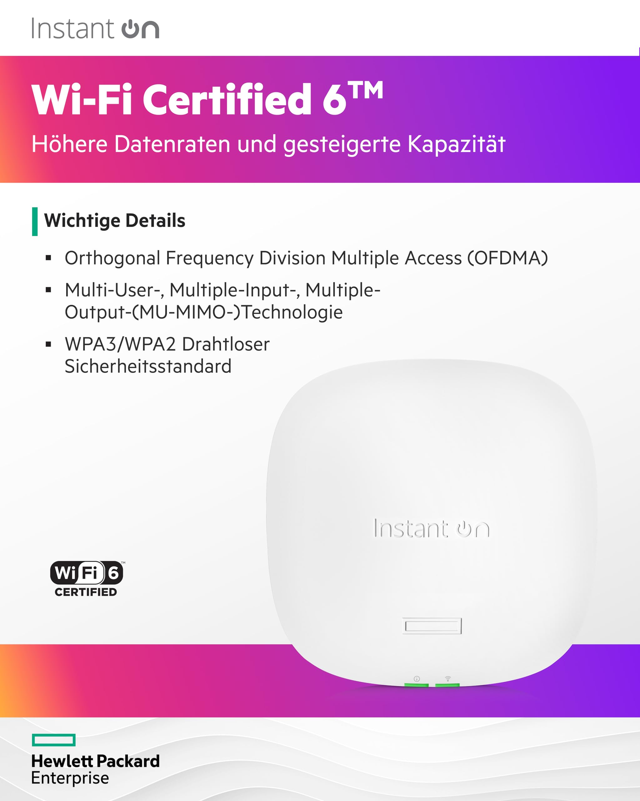 HPE Networking Instant On AP25 (EU) Borne daccès sans fil Wi Fi 6 Bluetooth 2.4 GHz 5 GHz géré par le Cloud plafond/mur