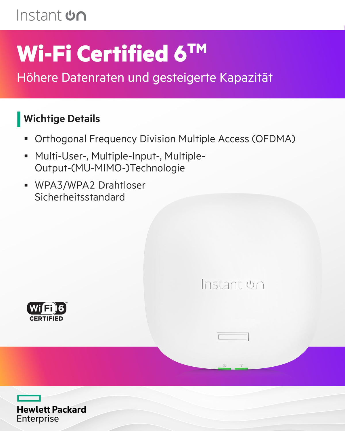 HPE Networking Instant On AP25 (EU) Borne daccès sans fil Wi Fi 6 Bluetooth 2.4 GHz 5 GHz géré par le Cloud plafond/mur