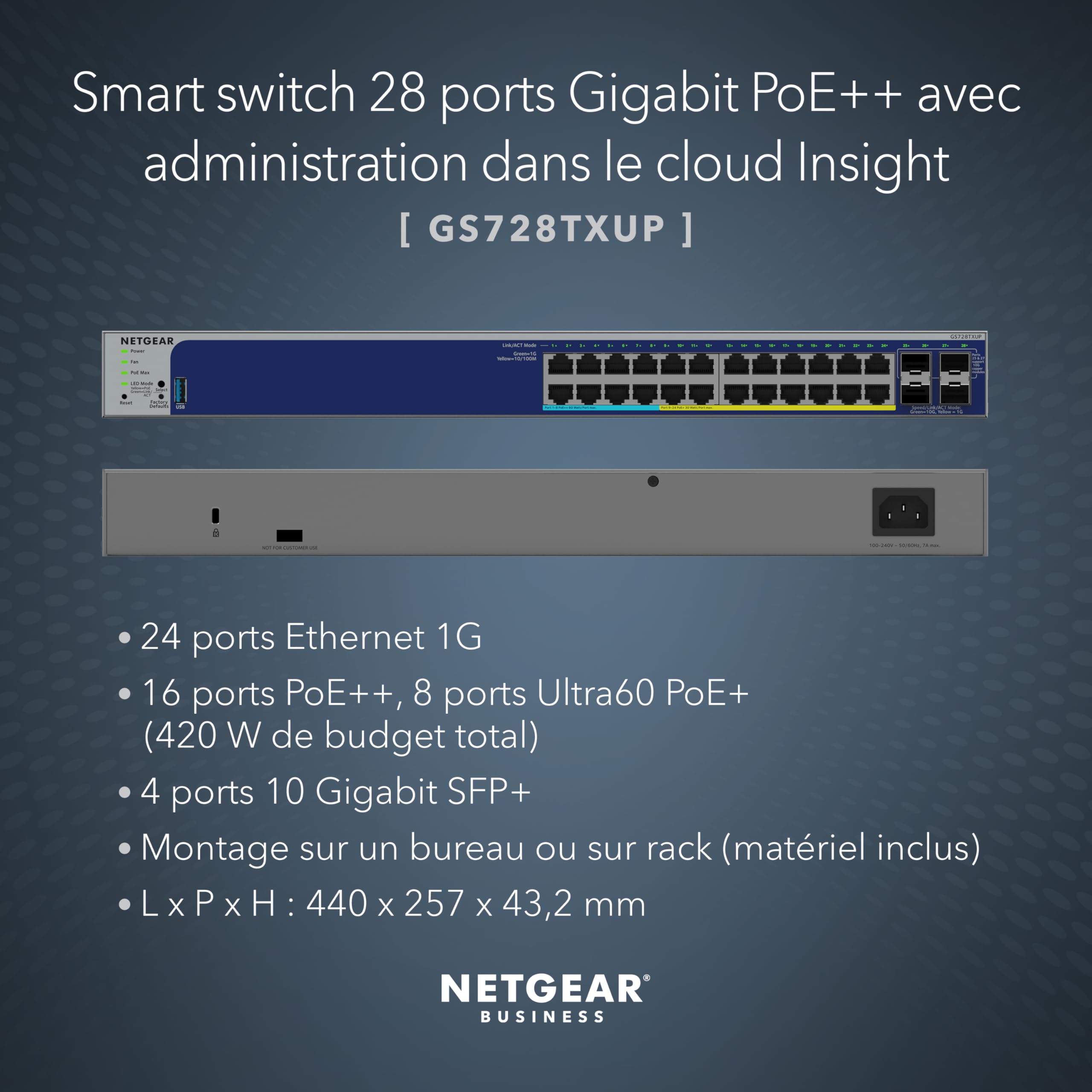 NETGEAR 24P GE POE++ Smart Switch W/10G SFP+ GS728TXUP
