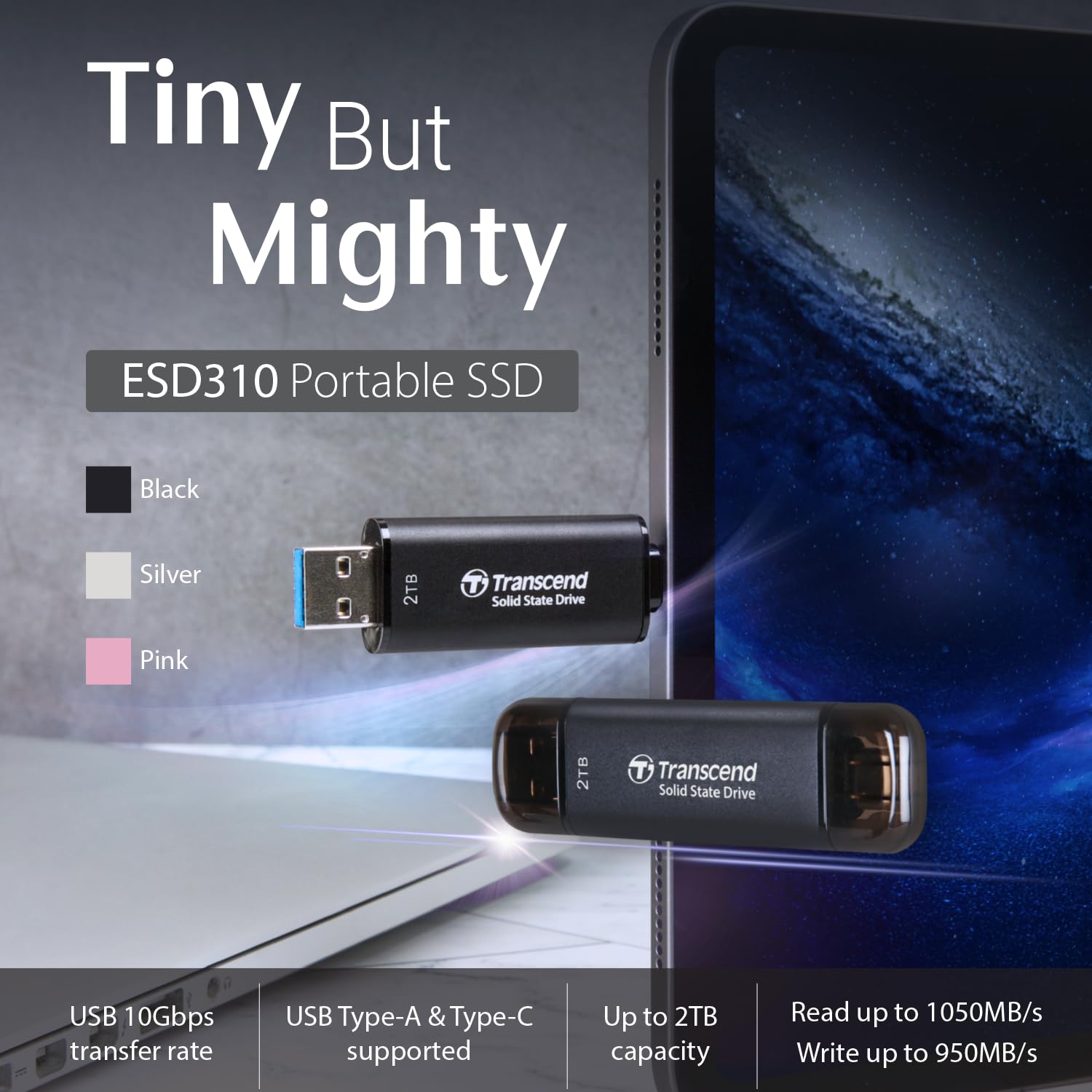 TRANSCEND ESD310S 512Go External SSD USB 10Gbps Type C/A Silver