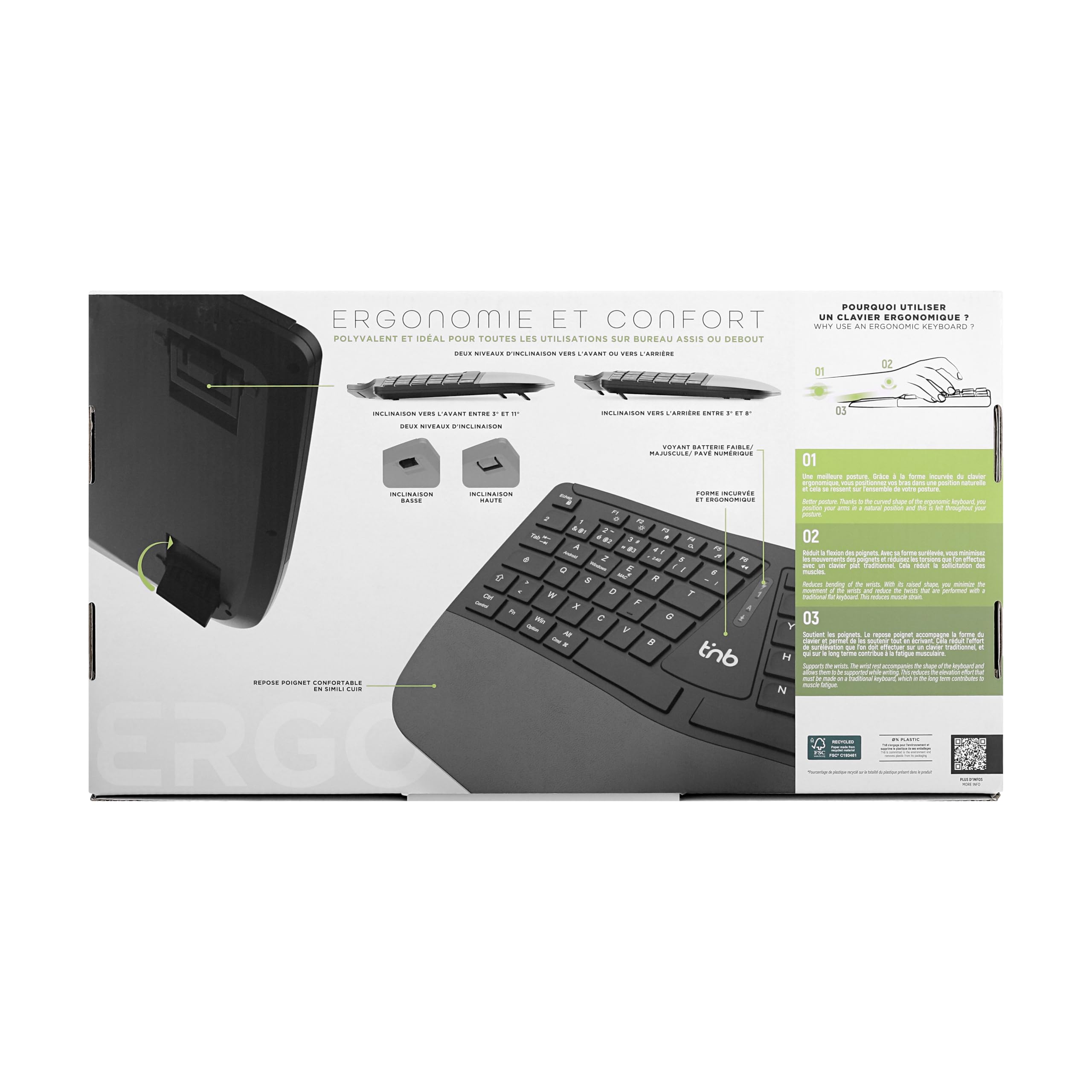 TNB ERGO - Clavier ergonomique sans fil rechargeable Bluetooth + 2.4GHz (FR)