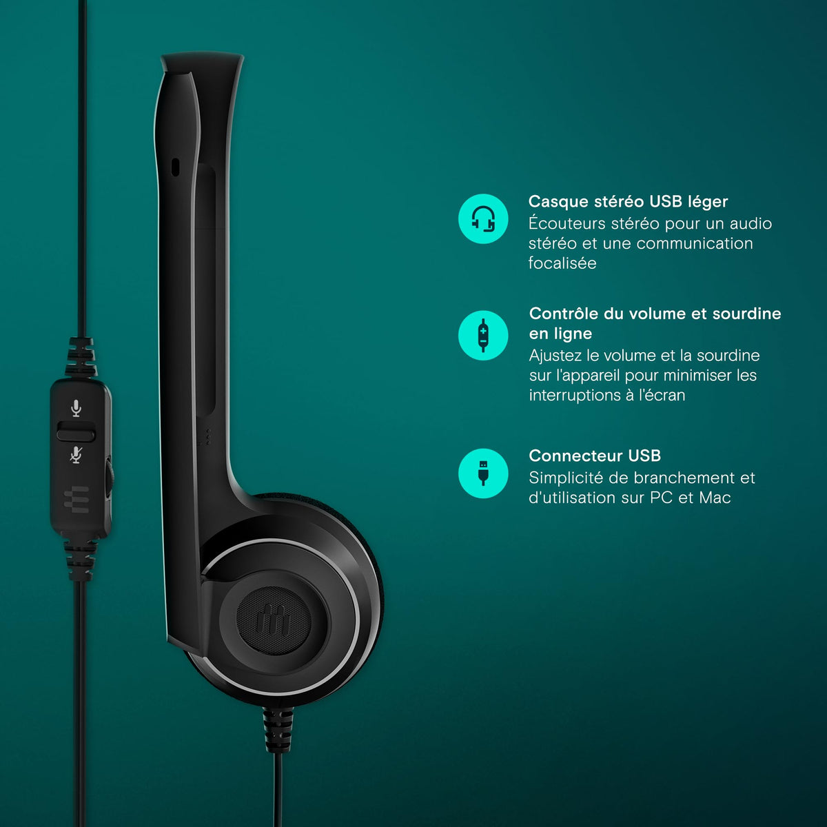 EPOS Micro-casque binaural PC USB avec contrôle volume/mute Microphone à réduction de bruit