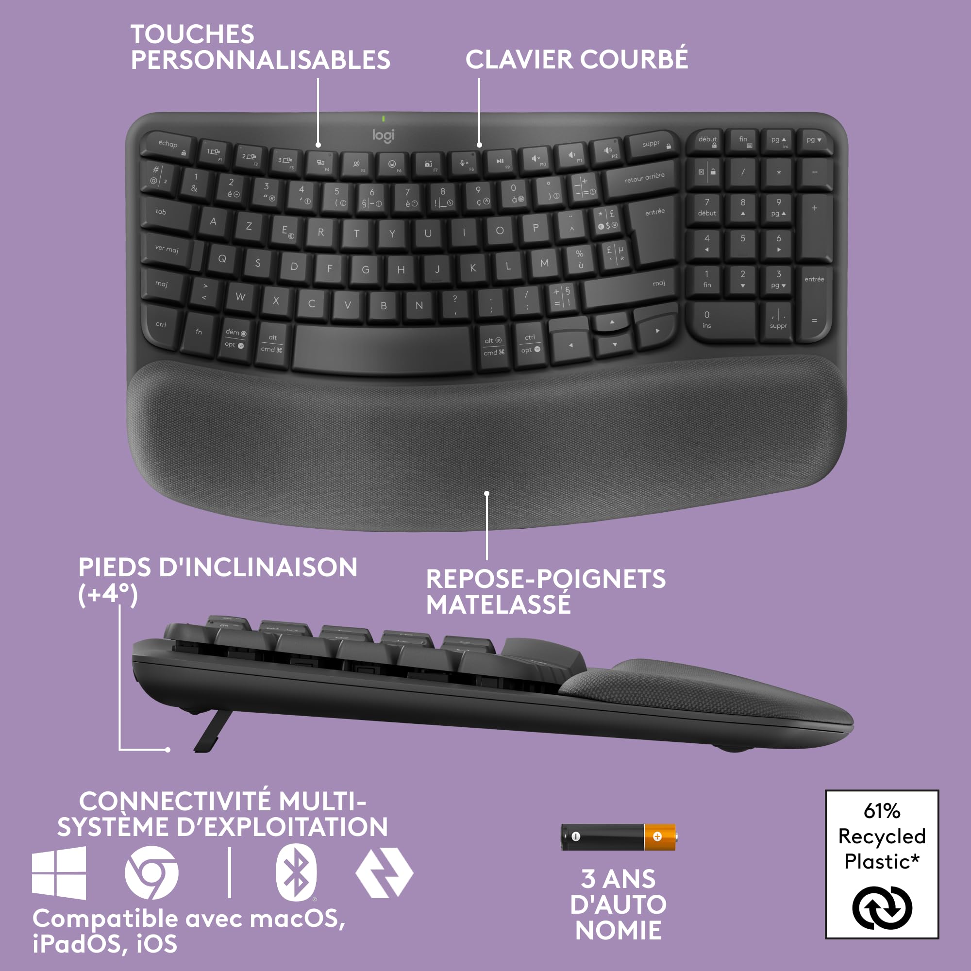 Wave Keys Wireless Ergo KBD GRAPHITE FR