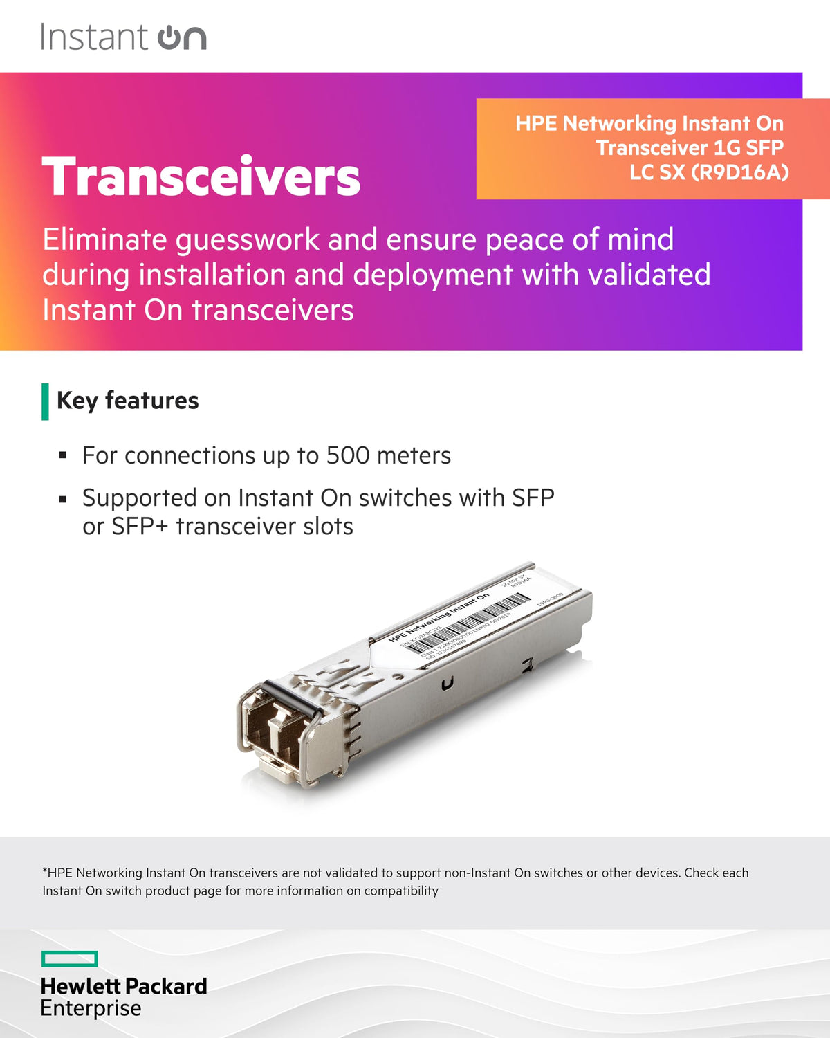 HPE Networking Instant On Module transmetteur transceiver SFP mini GBIC 1GbE 1000Base SX LC multi mode jusquà 500 m