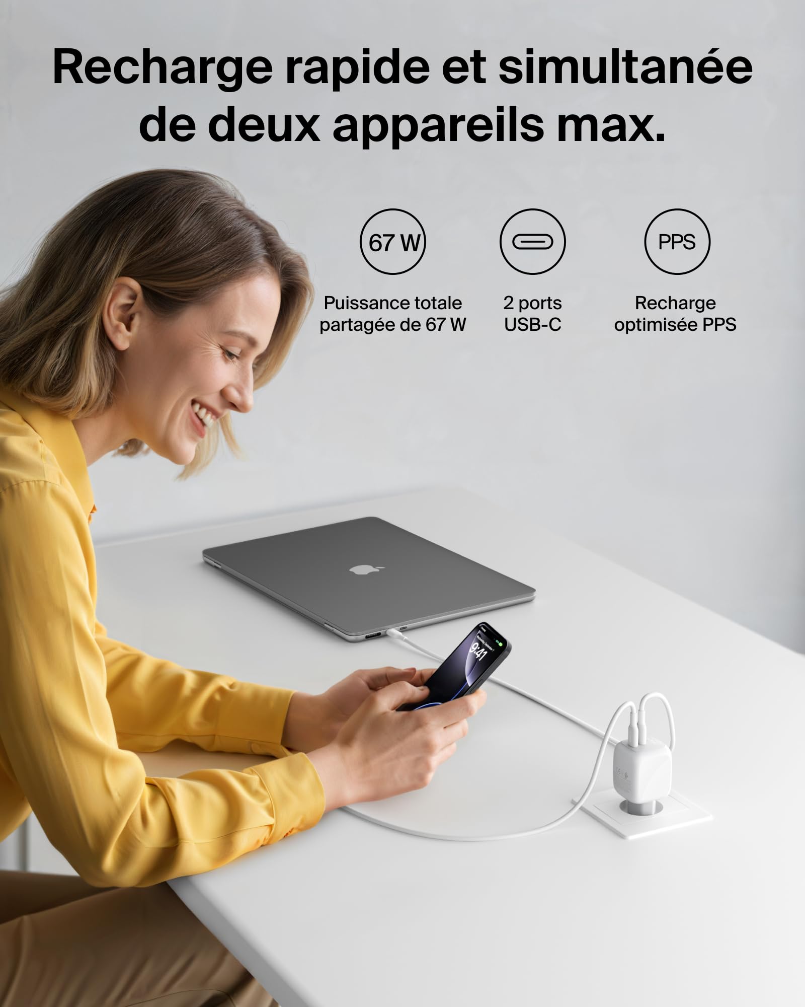BELKIN BoostCharge 67W Dual USB-C PD Wall Charger with PPS WHT with 2m USB-C-C Cable