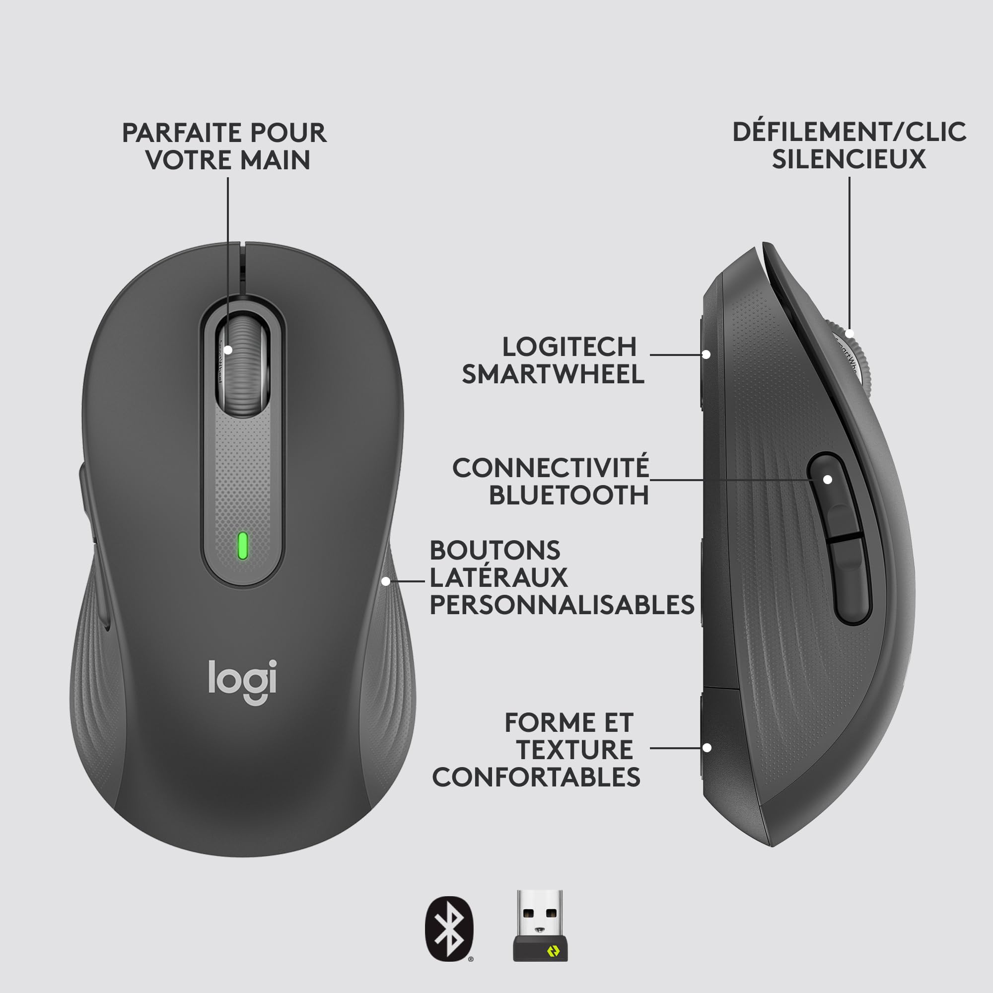 LOGITECH Signature M650 for Business Mouse optical 5 buttons wireless Bluetooth 2.4 GHz Bolt USB receiver graphite