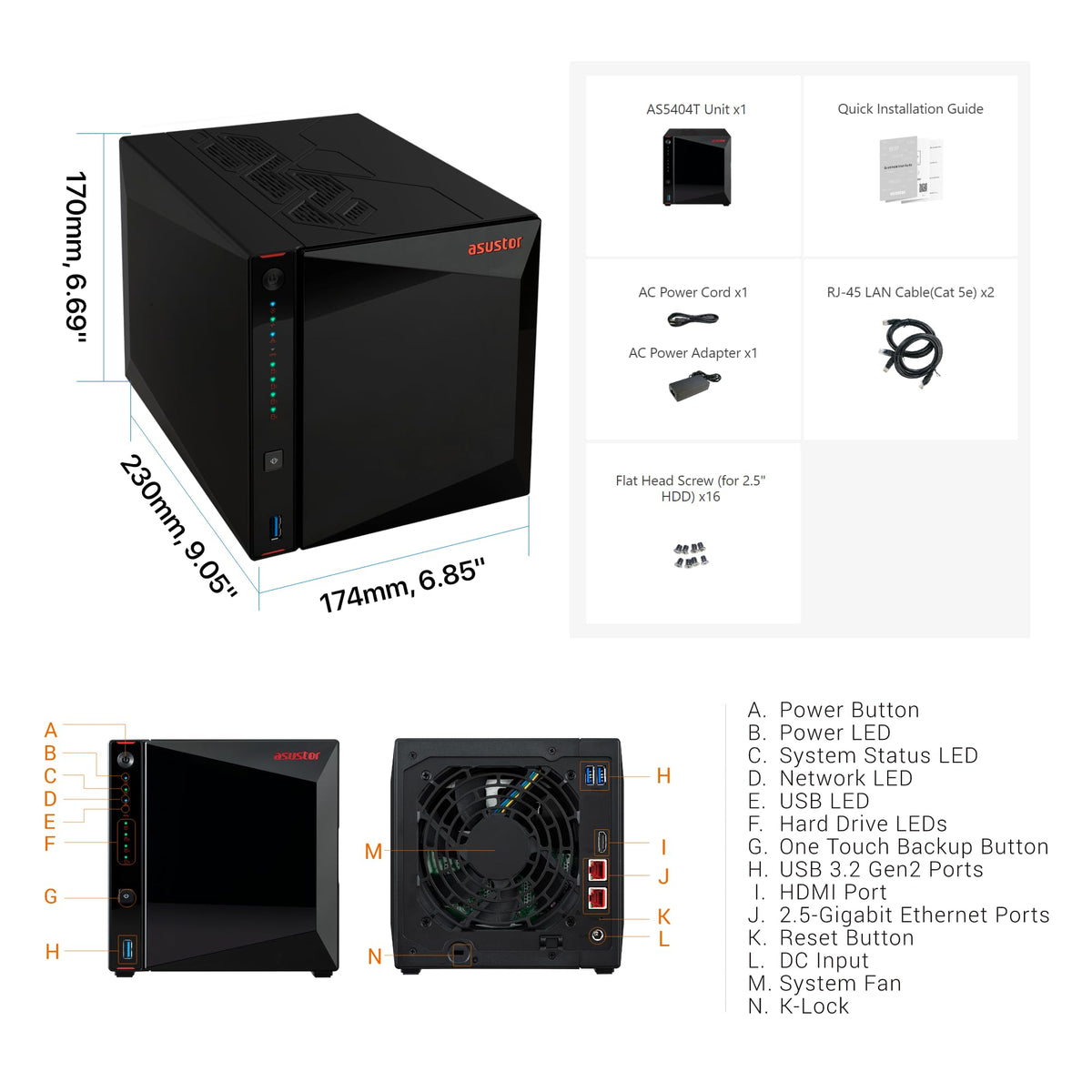 ASUSTOR NIMBUSTOR - AS5404T - NAS 4 baies - Intel Celeron N5105 Quad-Core - 4Go DDR4 - 2.5GbE x2 - NVMe - Tour - Garantie 3 ans