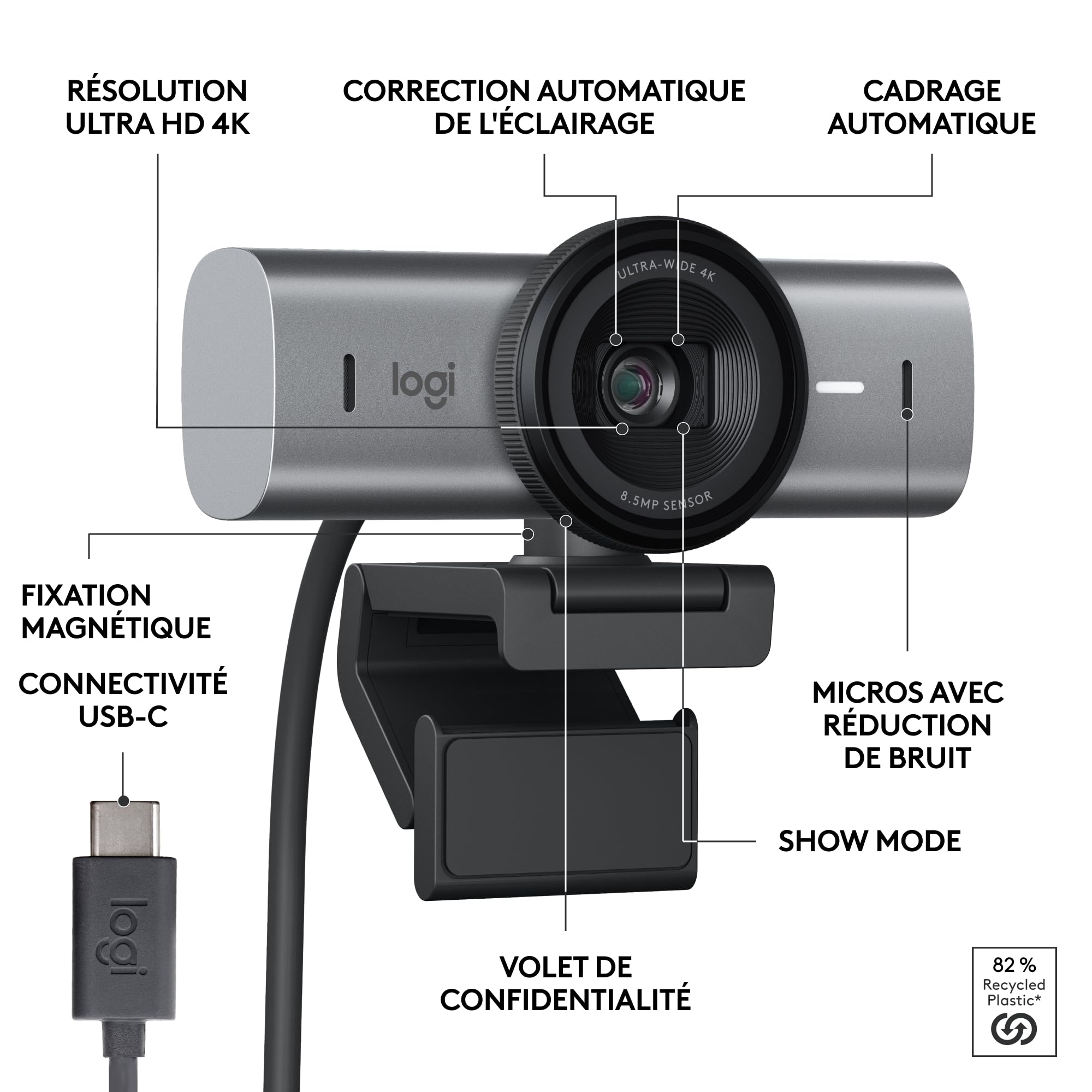LOGITECH Master Series MX Brio Live streaming camera colour 8.5 MP 3840 x 2160 1080p 4K audio wired USB-C
