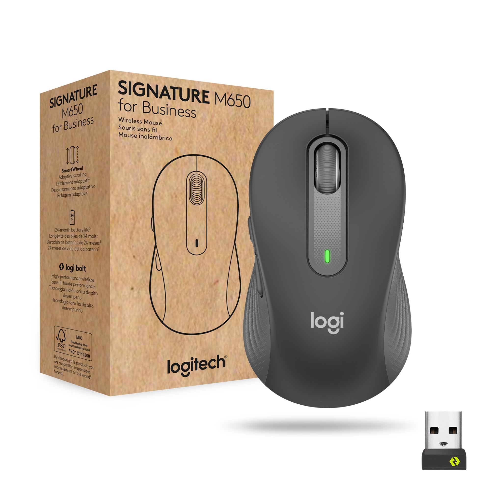 LOGITECH Signature M650 for Business Mouse optical 5 buttons wireless Bluetooth 2.4 GHz Bolt USB receiver graphite
