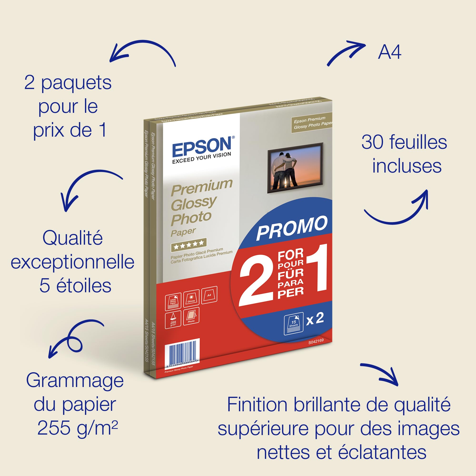 EPSON PREMIUM brillant photo  papier inkjet 255g/m2 A4 2x15 feuilles pack de 1 BOGOF