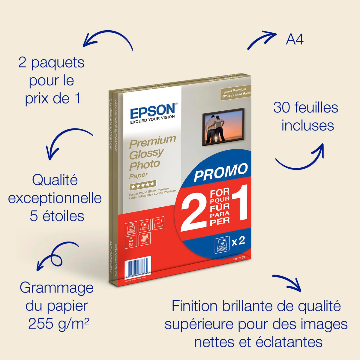 EPSON PREMIUM brillant photo  papier inkjet 255g/m2 A4 2x15 feuilles pack de 1 BOGOF