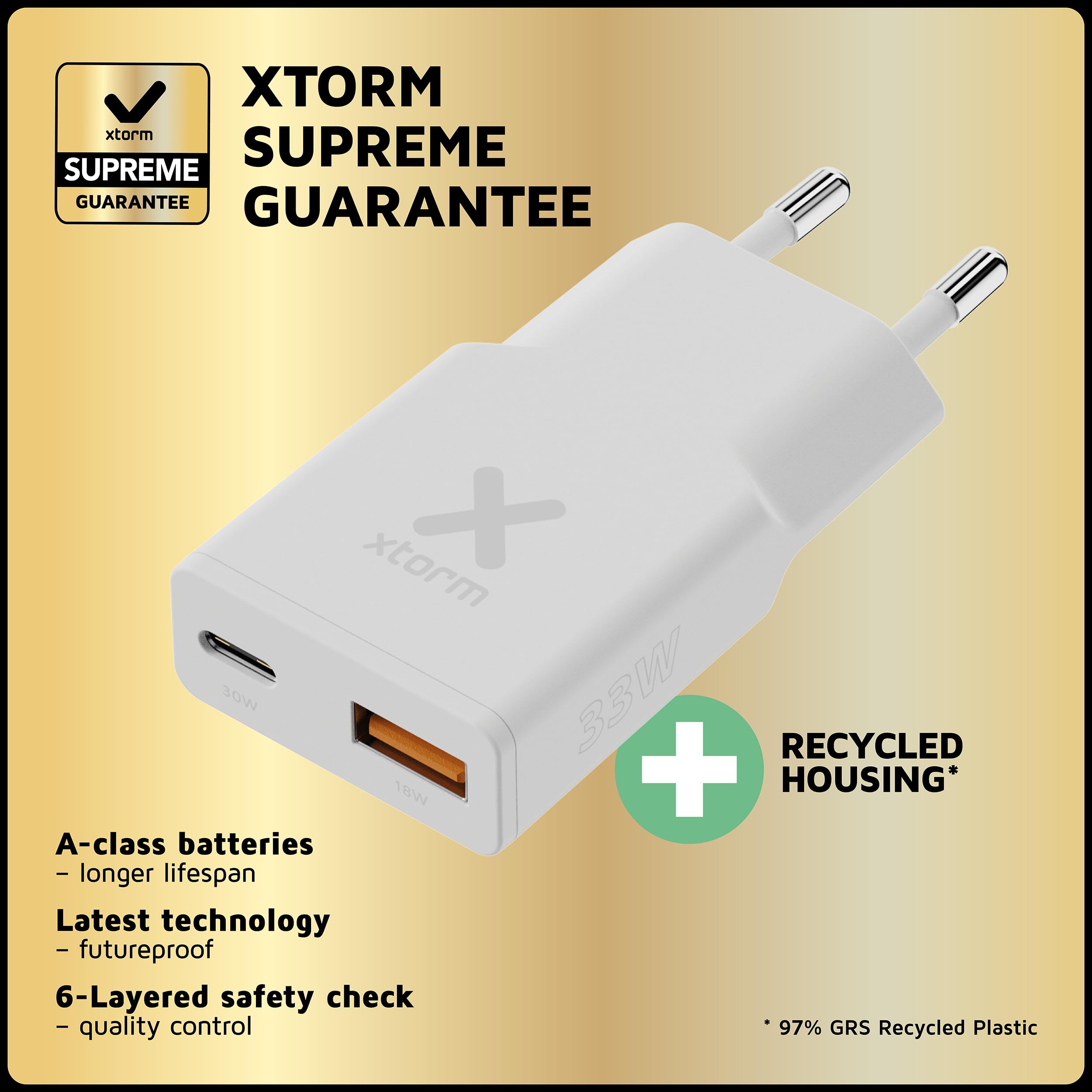XTORM Chargeur mural slim XG2SL033 33 W 2 ports USB-A USB-C PD certifié GRS