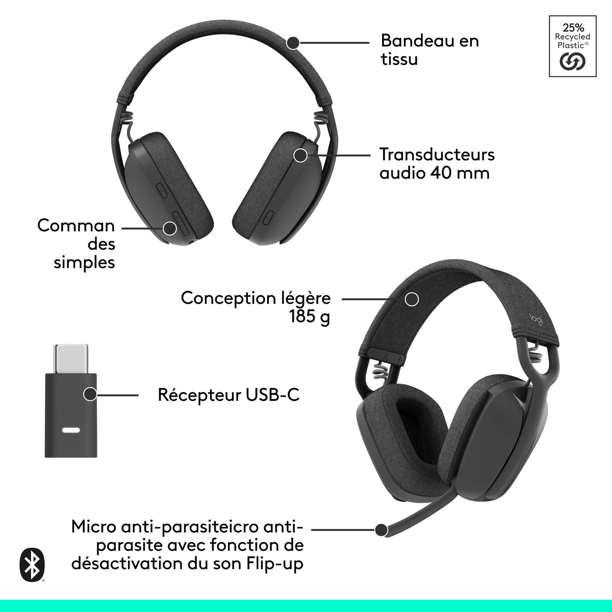 LOGITECH Zone Vibe Wireless Headset full size Bluetooth wireless USB-C via Bluetooth adapter graphite Certified for Microsoft Teams